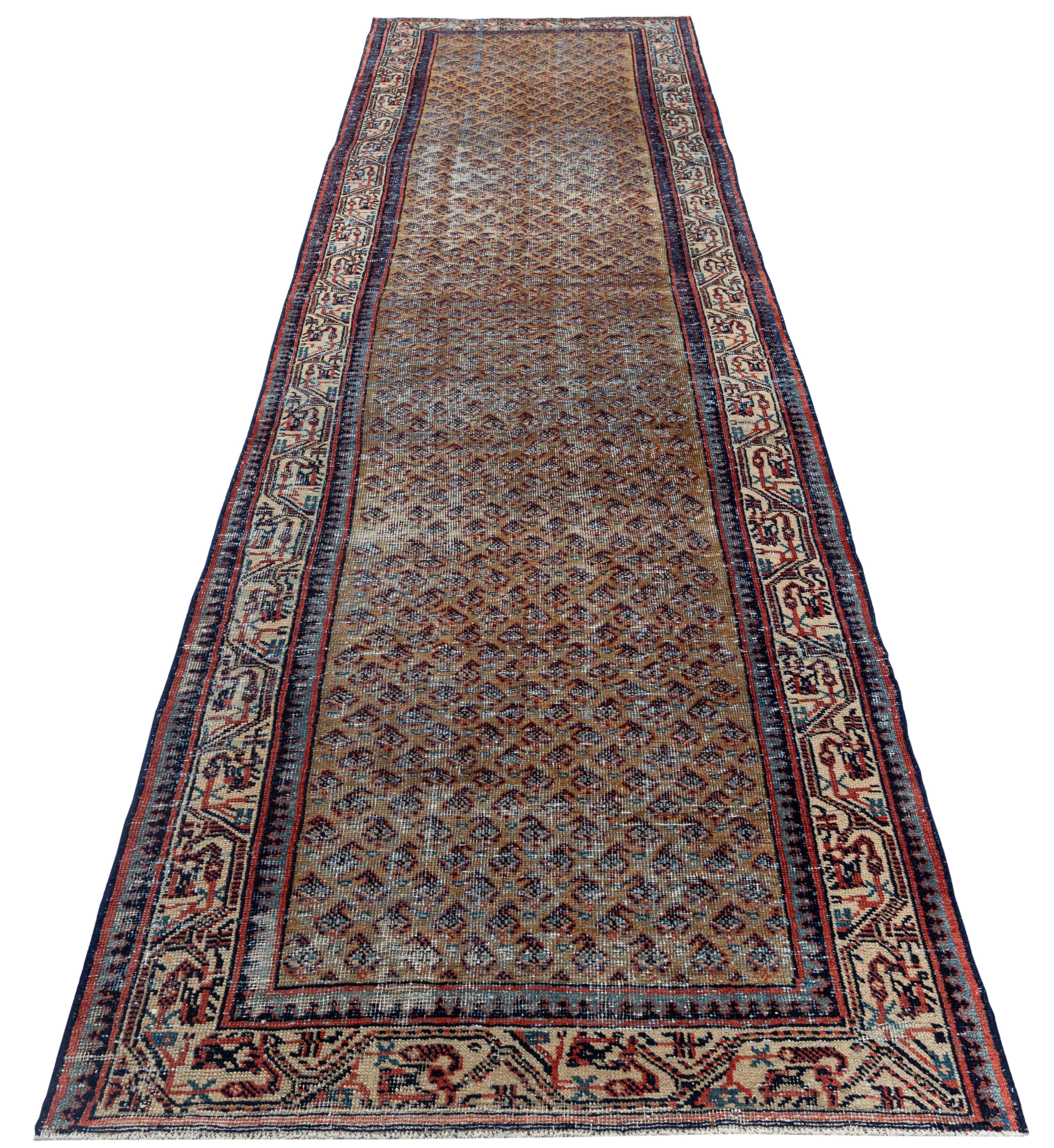 Fine XX secolo Tappeto persiano vintage Hamadan Runner - Lana intrecciata a mano, motivo geometrico in vendita