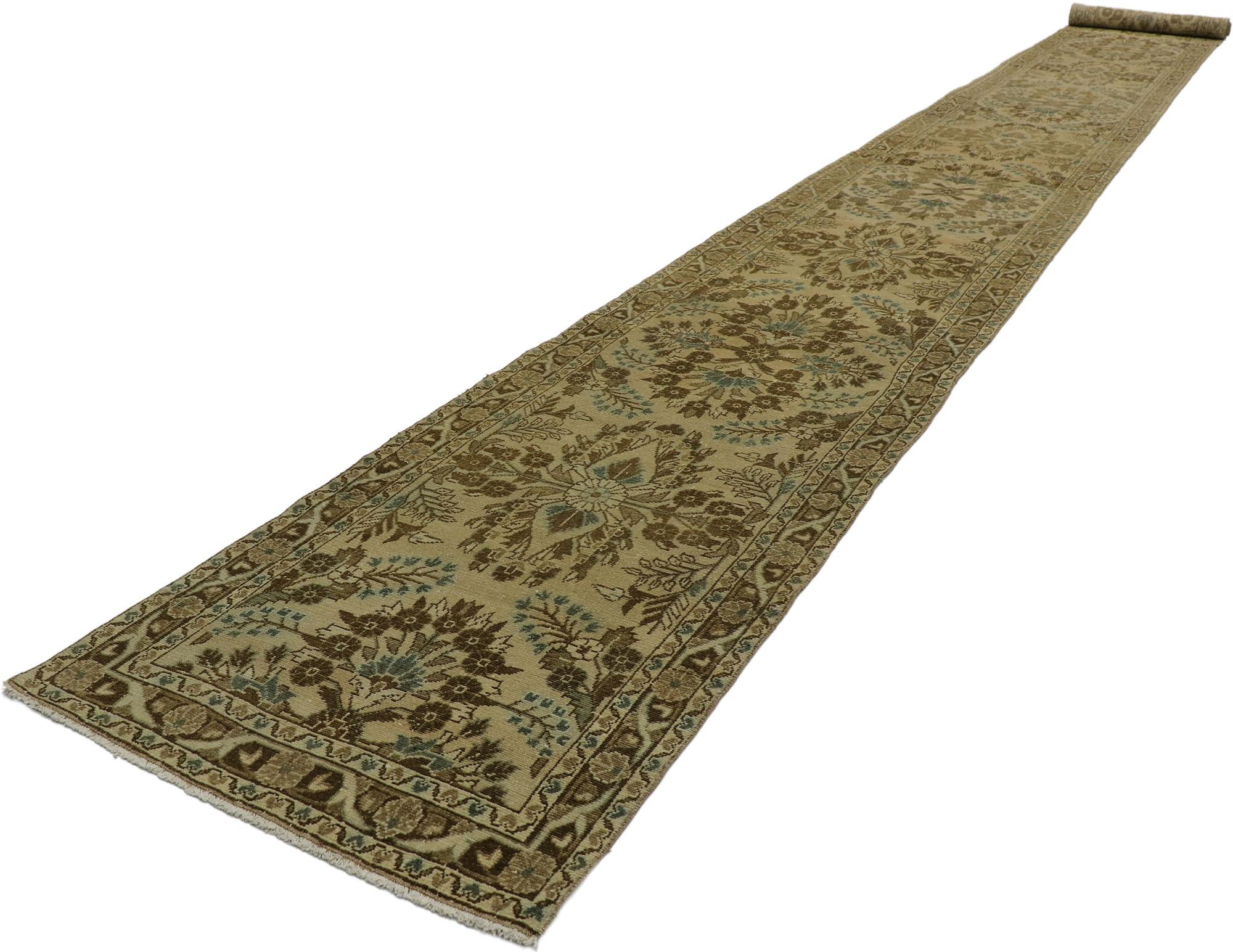 53164, vintage Persian Hamadan runner with Amish Shaker style. Warm and inviting, this hand-knotted vintage Persian Hamadan runner beautifully embodies an Amish Shaker style. The abrashed tan field is covered in an all-over dense floral pattern