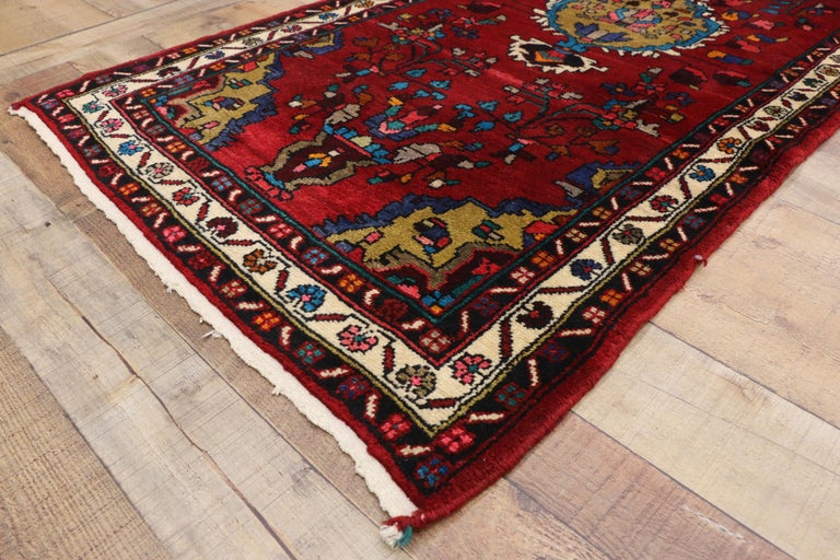Vintage Persian Hamadan Runner with Jacobean Style, Hallway Runner In Good Condition For Sale In Dallas, TX