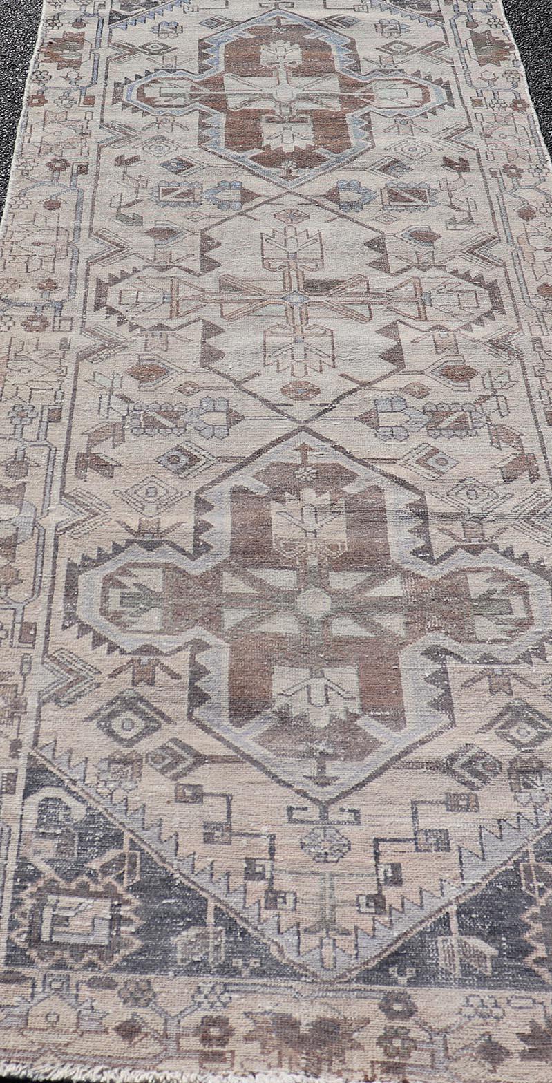 Vintage Persian Hamadan Runner with Medallions in Cream, Light Grey and Lt Blue. Keivan Woven Arts rug MSE-1951, country of origin / type: Iran / Hamadan, circa mid-20th century. 
Measures: 3'6 x 10'1 
This magnificent Persian rug from the mid-20th