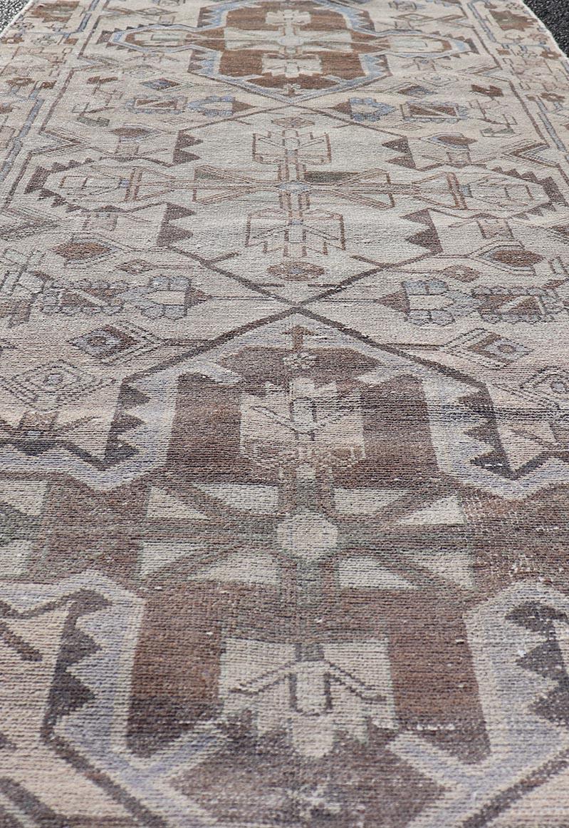 Malayer Vintage Persian Hamadan Runner with Medallions in Cream, Light Grey and Lt Blue For Sale