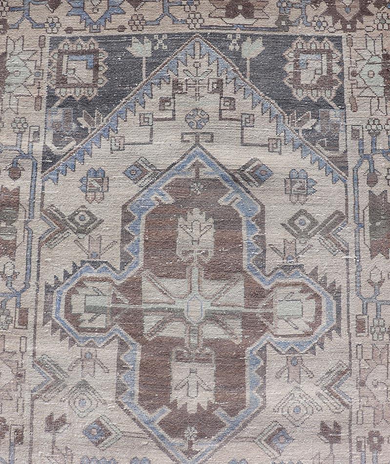 Hand-Knotted Vintage Persian Hamadan Runner with Medallions in Cream, Light Grey and Lt Blue For Sale