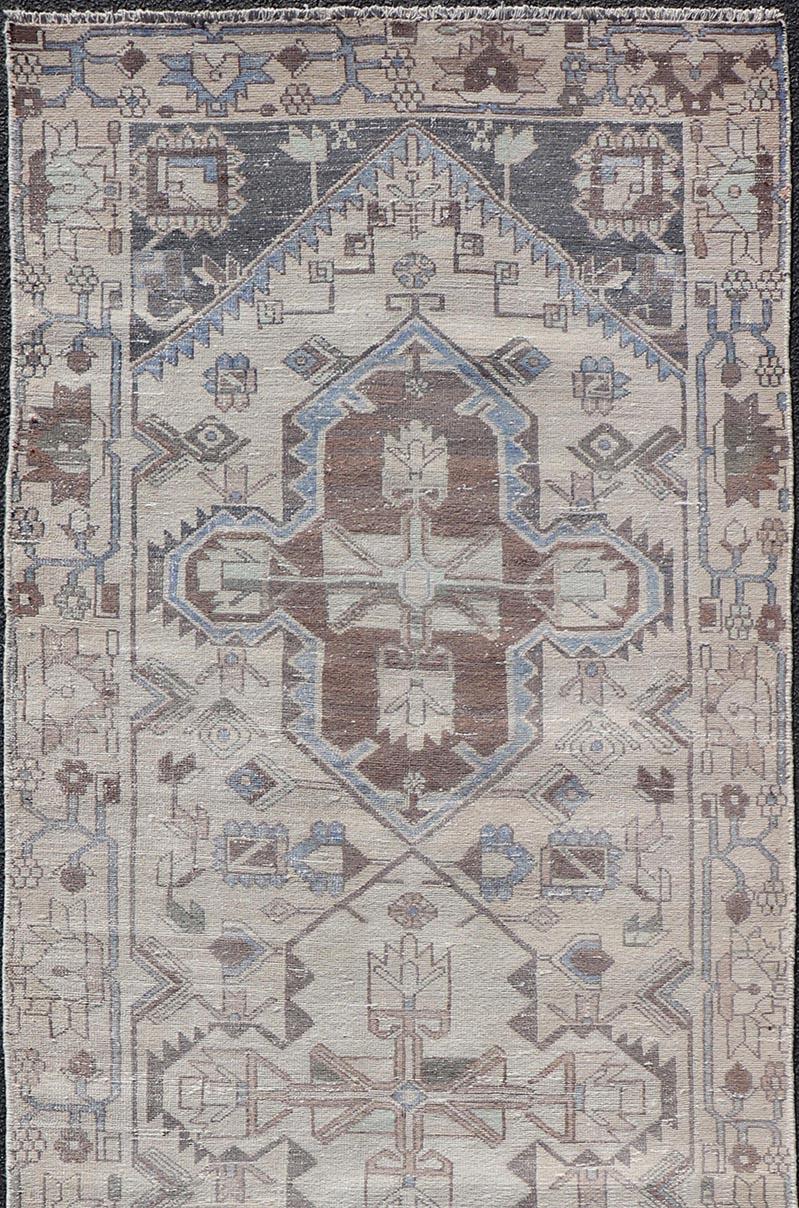 Vintage Persian Hamadan Runner with Medallions in Cream, Light Grey and Lt Blue In Good Condition For Sale In Atlanta, GA