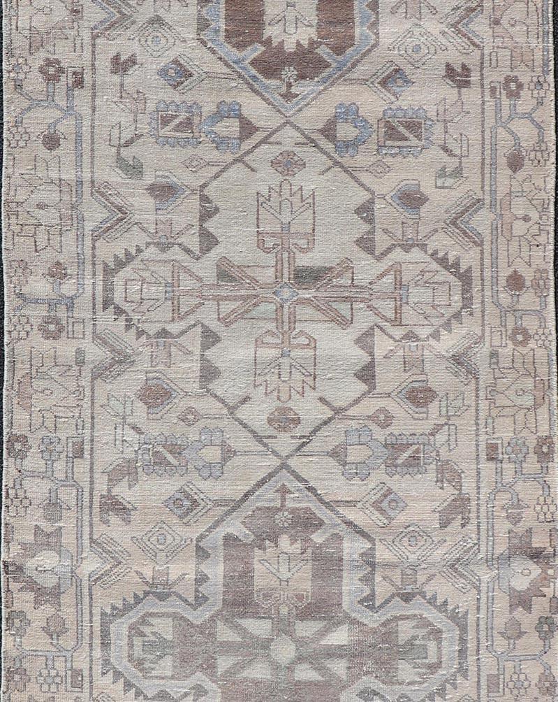 20th Century Vintage Persian Hamadan Runner with Medallions in Cream, Light Grey and Lt Blue For Sale