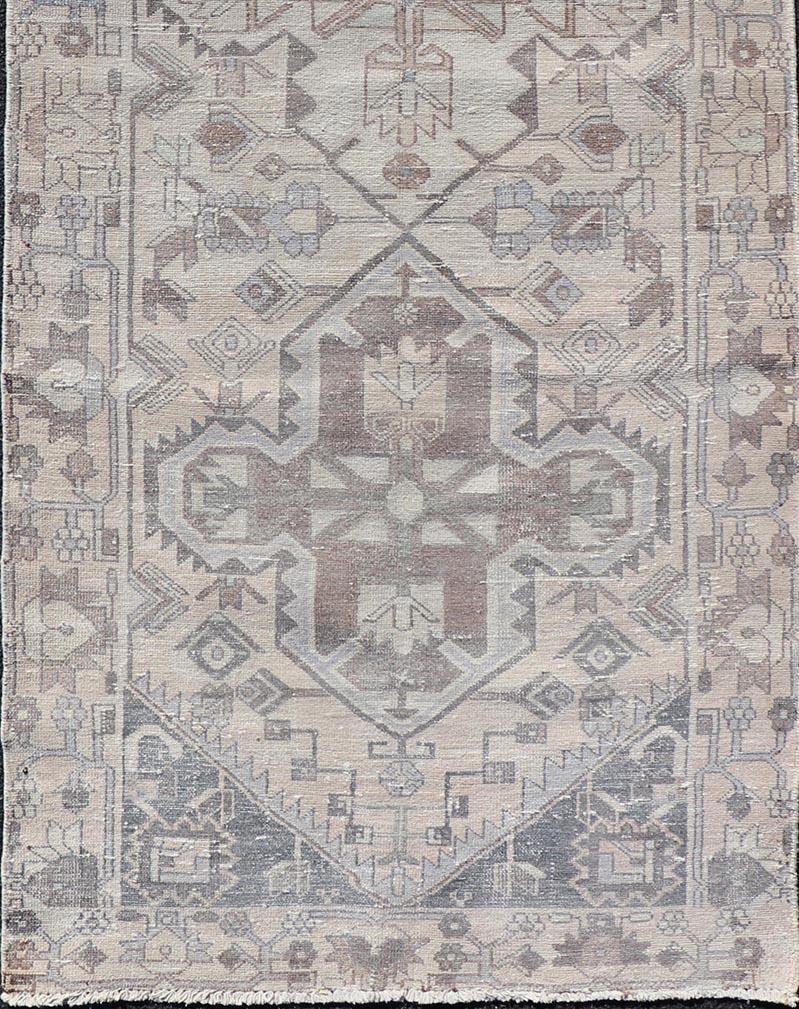 Wool Vintage Persian Hamadan Runner with Medallions in Cream, Light Grey and Lt Blue For Sale