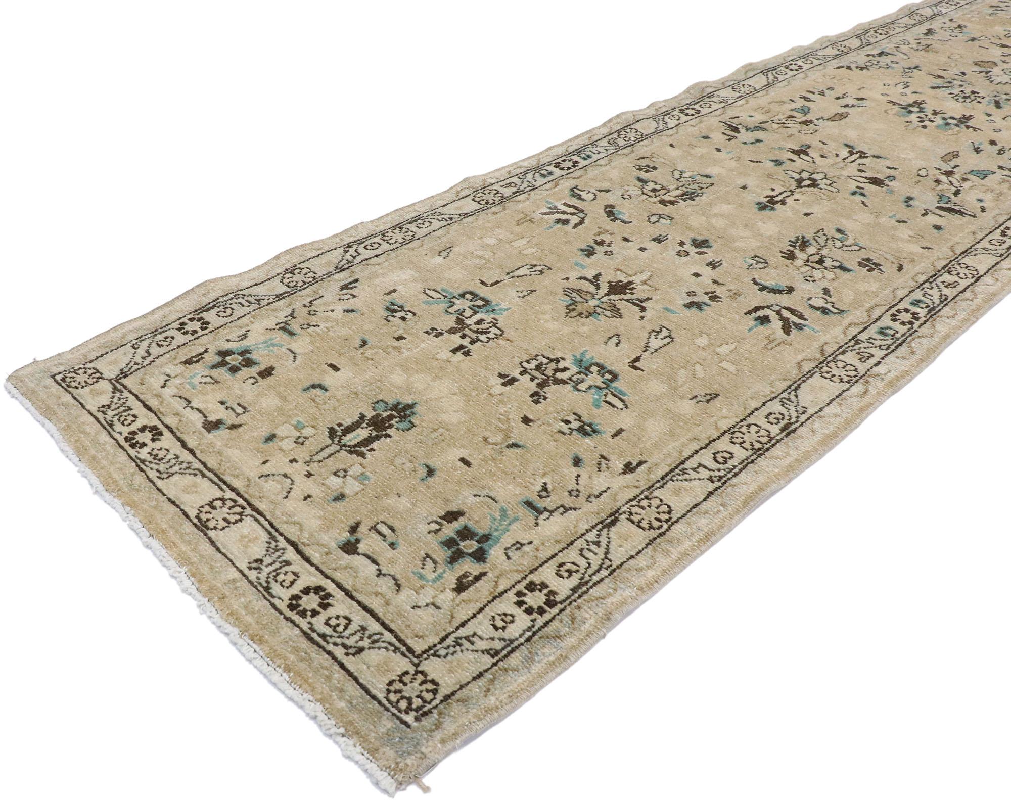 53398, vintage Persian Hamadan runner with Romantic French cottage style with timeless floral design and soft colors, this hand knotted wool vintage Persian Hamadan runner charms with ease and beautifully embodies a romantic French cottage style.