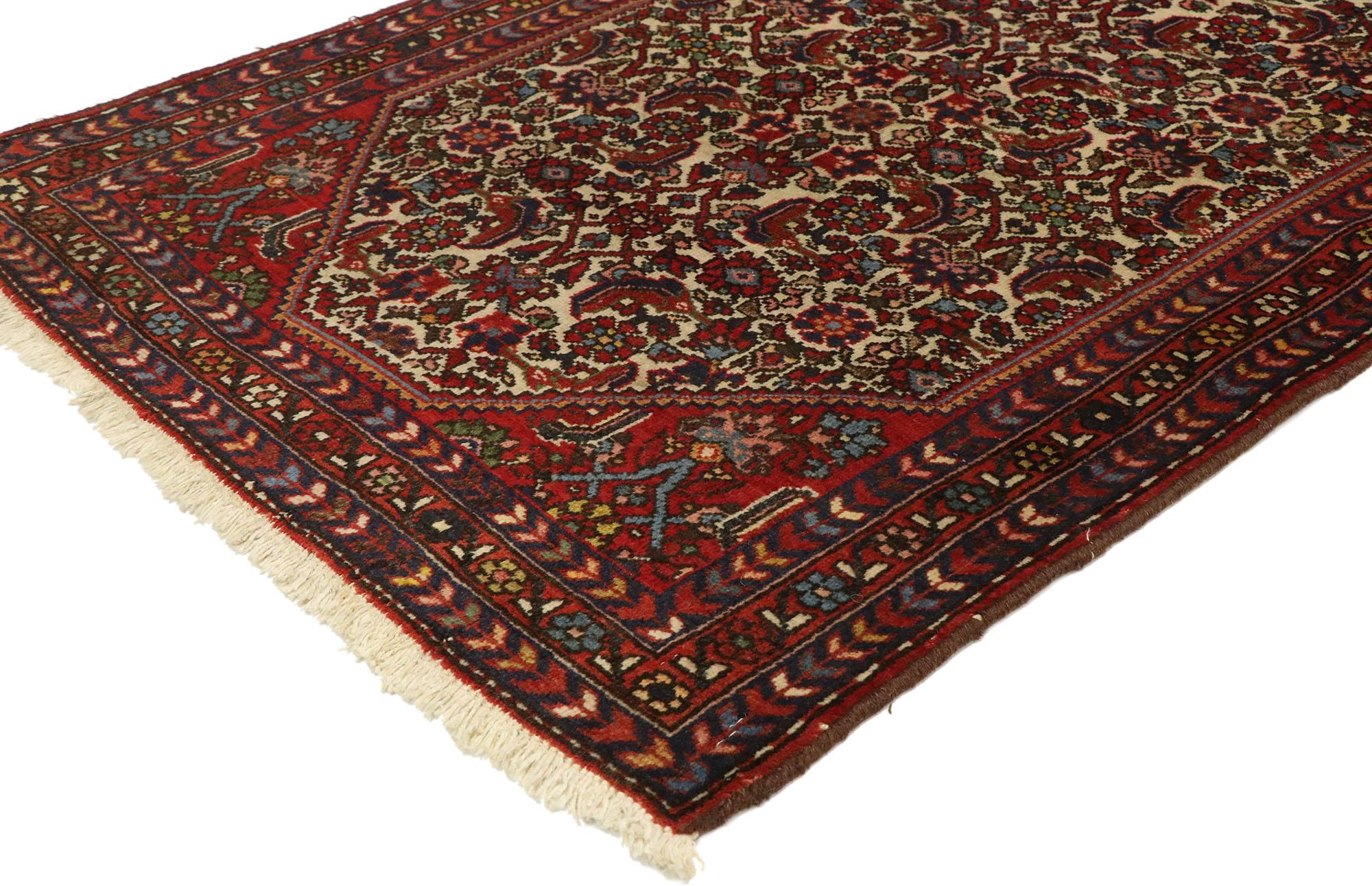 74266, vintage Persian Hamadan scatter rug with Traditional English style. With timeless elegance and nostalgic charm, this hand knotted wool vintage Persian Hamadan scatter rug can beautifully blend modern, contemporary and traditional interiors.