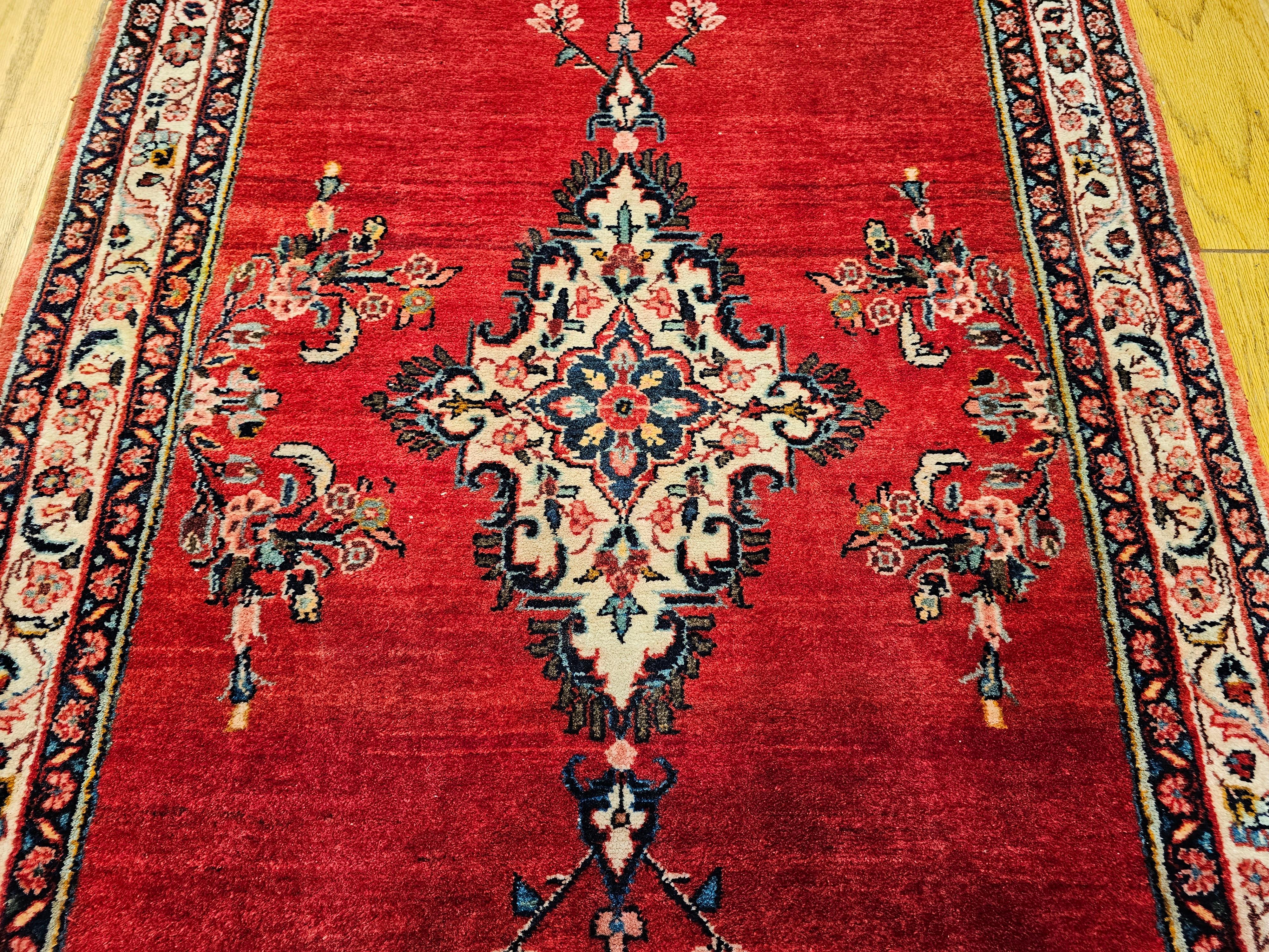 Vintage Persian Hamadan Wide Runner in Medallion Pattern in Red, Ivory, Green For Sale 3