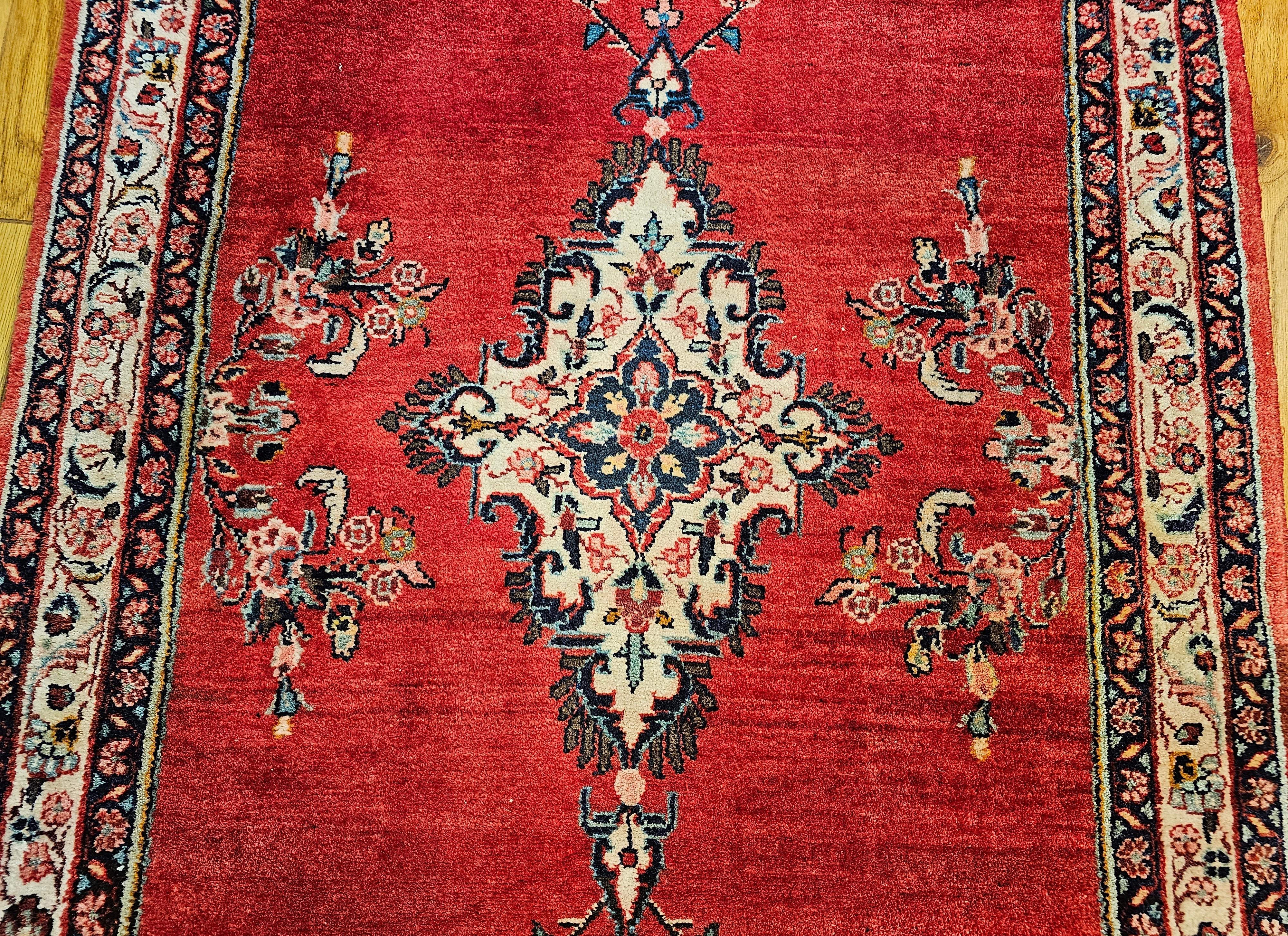 Vintage Persian Hamadan Wide Runner in Medallion Pattern in Red, Ivory, Green For Sale 5
