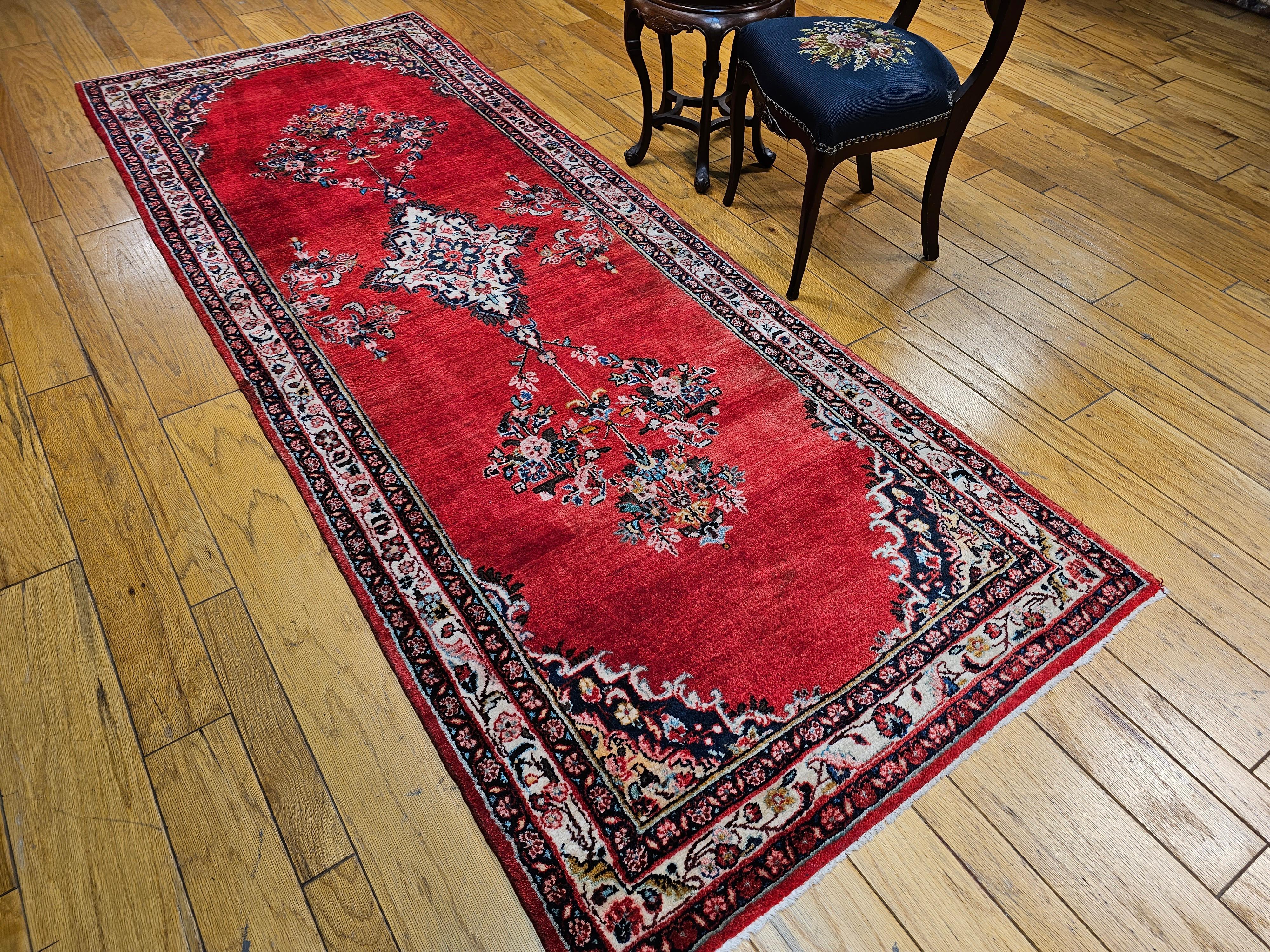 Vintage Persian Hamadan Wide Runner in Medallion Pattern in Red, Ivory, Green For Sale 9