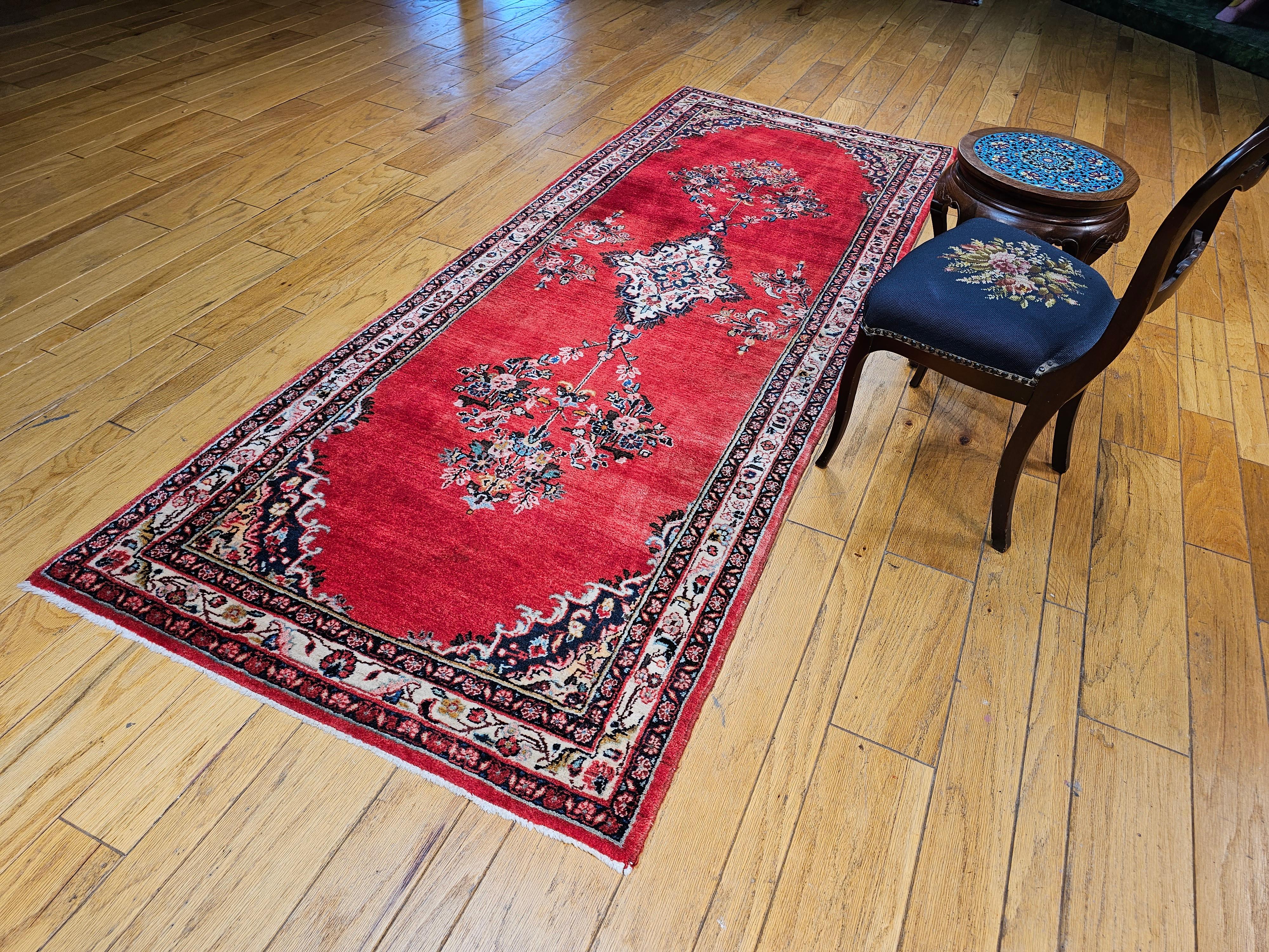 Vintage Persian Hamadan Wide Runner in Medallion Pattern in Red, Ivory, Green For Sale 10