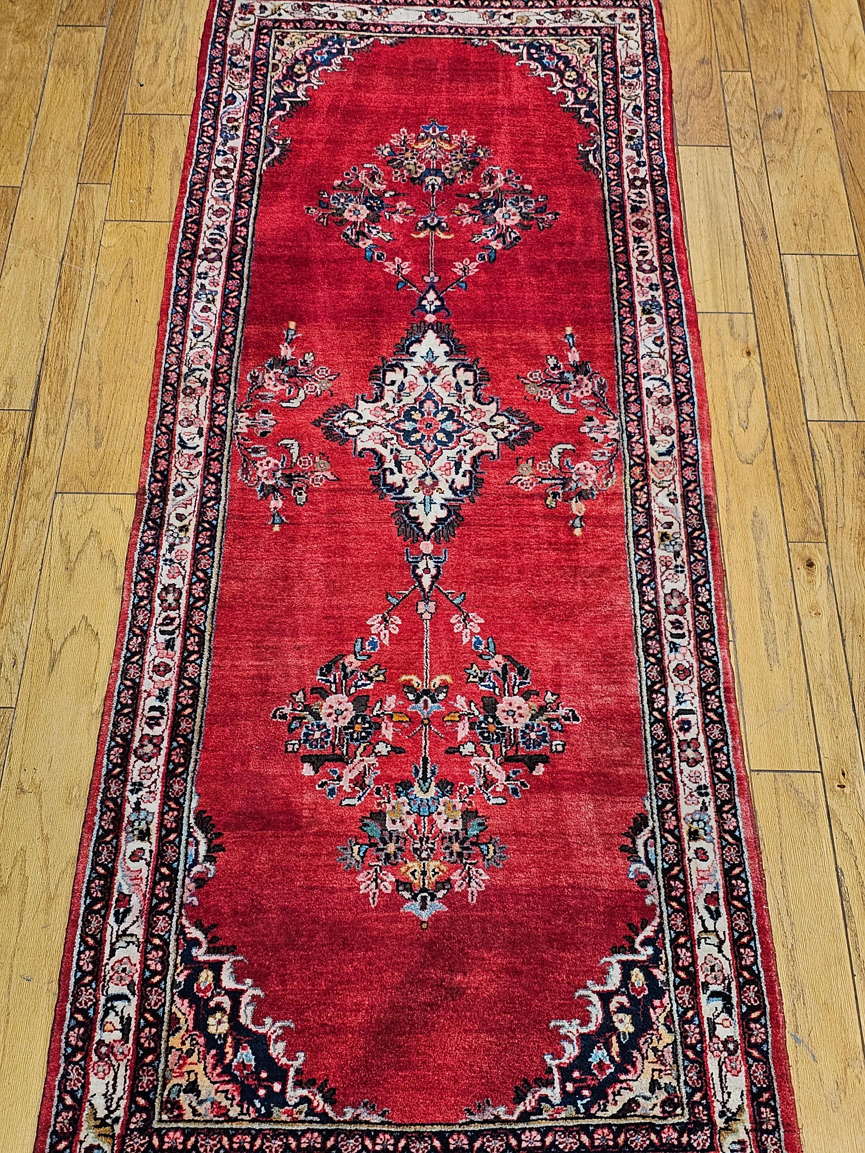 Vintage Persian Hamadan Wide Runner in Medallion Pattern in Red, Ivory, Green For Sale 14