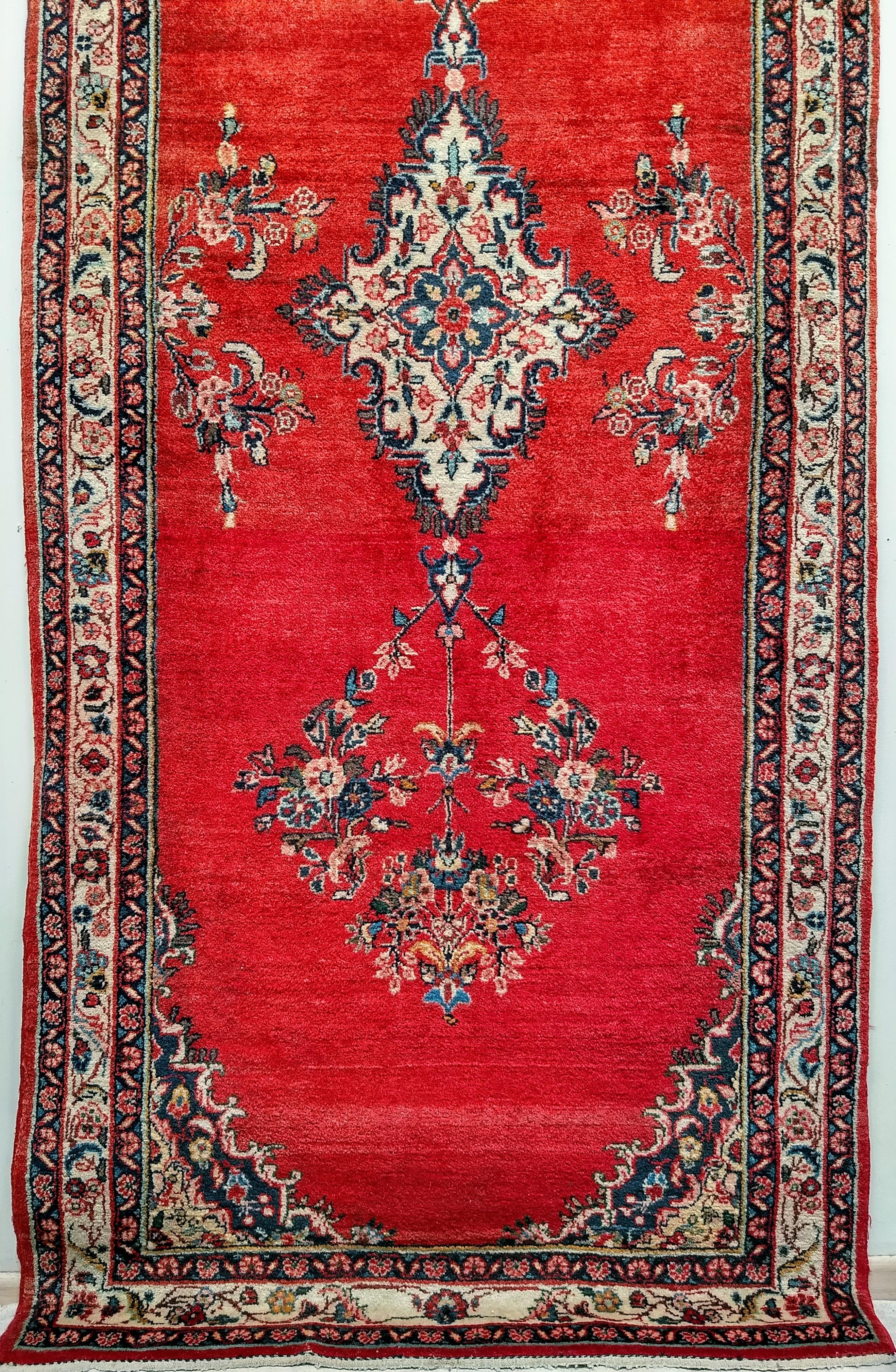 Hand-Woven Vintage Persian Hamadan Wide Runner in Medallion Pattern in Red, Ivory, Green For Sale