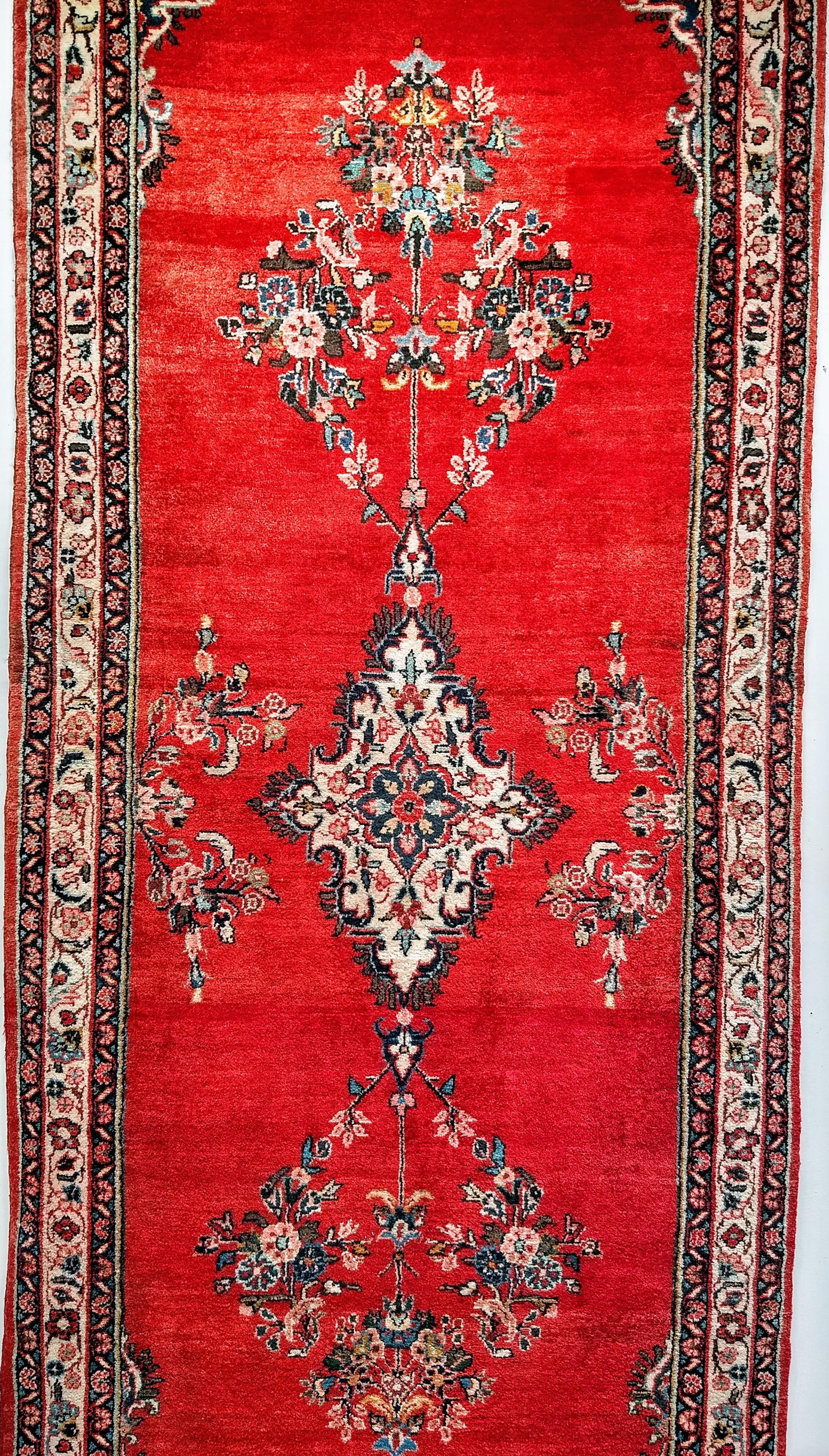 Vintage Persian Hamadan Wide Runner in Medallion Pattern in Red, Ivory, Green In Good Condition For Sale In Barrington, IL