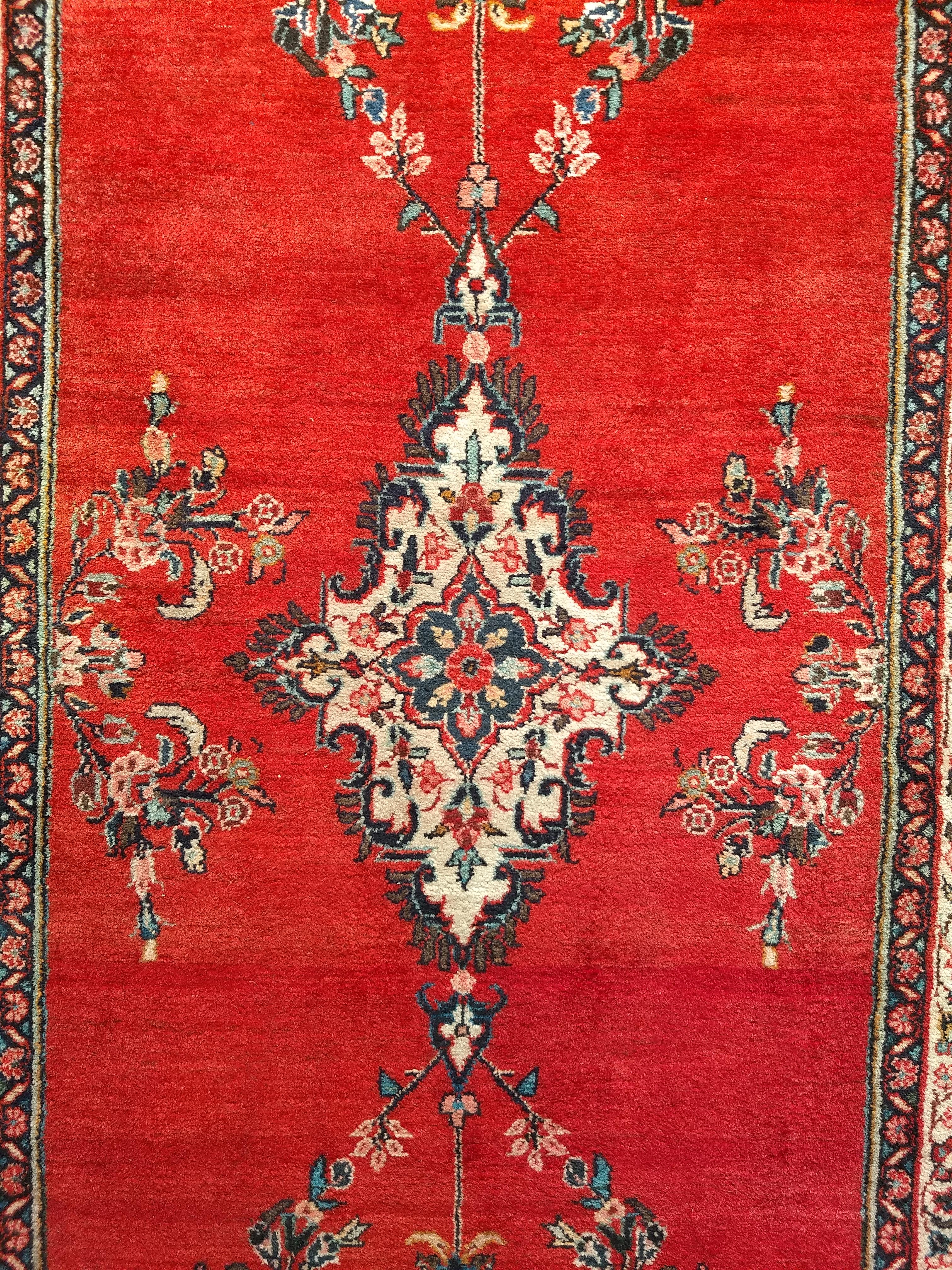 20th Century Vintage Persian Hamadan Wide Runner in Medallion Pattern in Red, Ivory, Green For Sale
