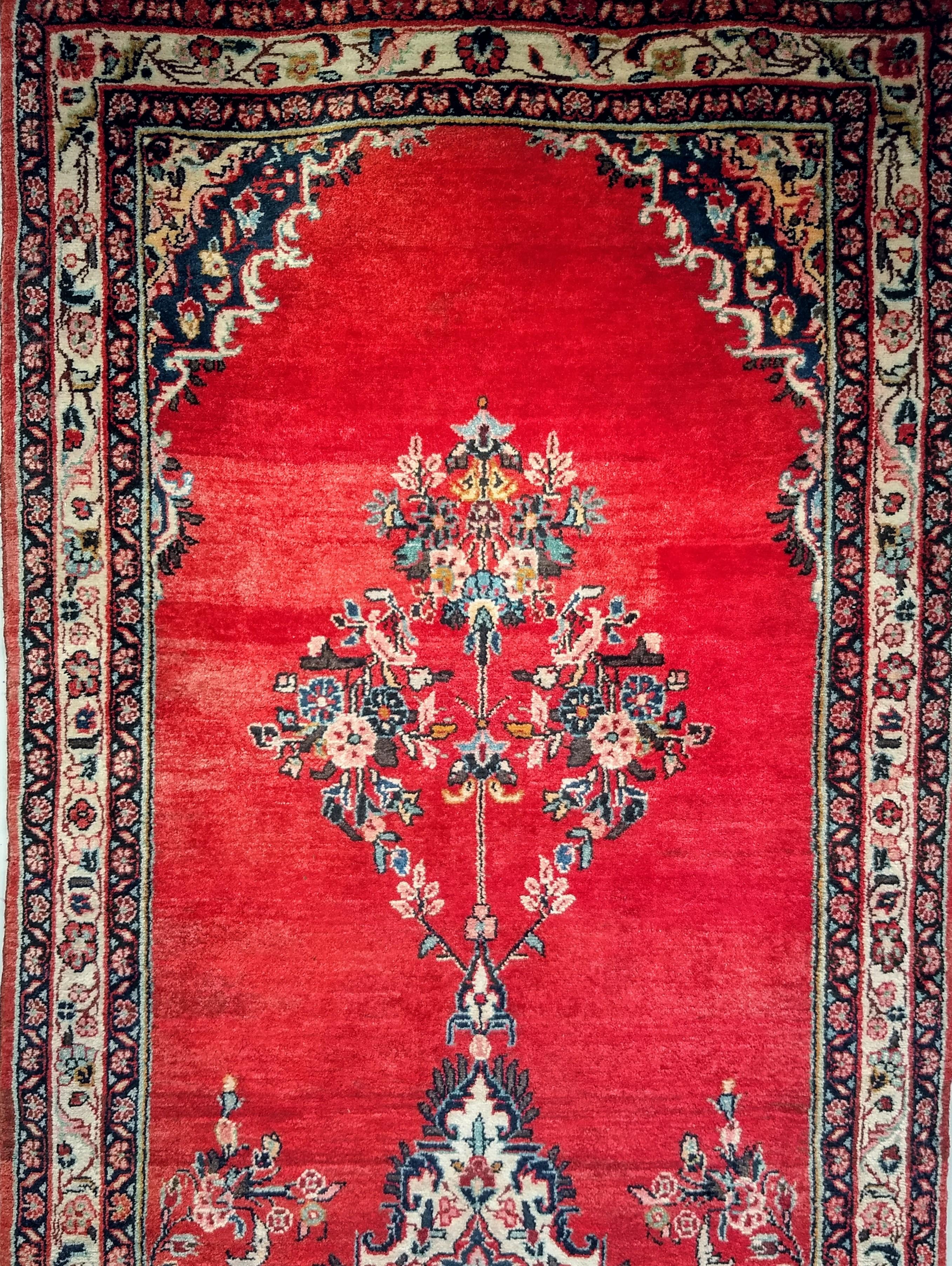 Wool Vintage Persian Hamadan Wide Runner in Medallion Pattern in Red, Ivory, Green For Sale