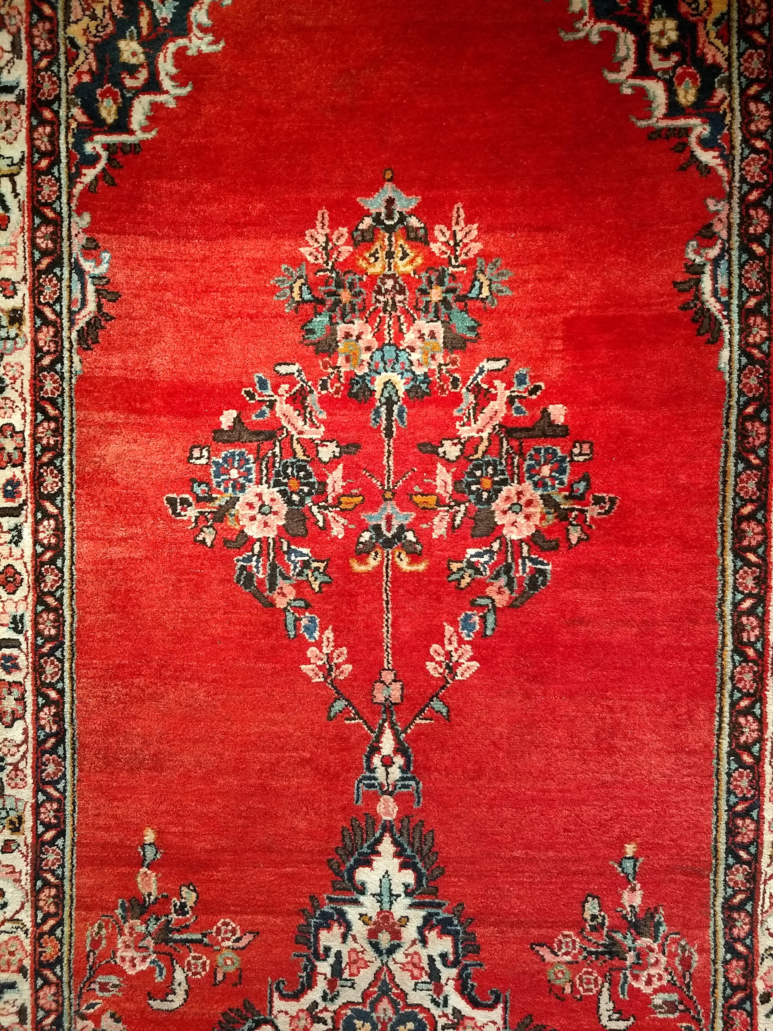 Vintage Persian Hamadan Wide Runner in Medallion Pattern in Red, Ivory, Green For Sale 1