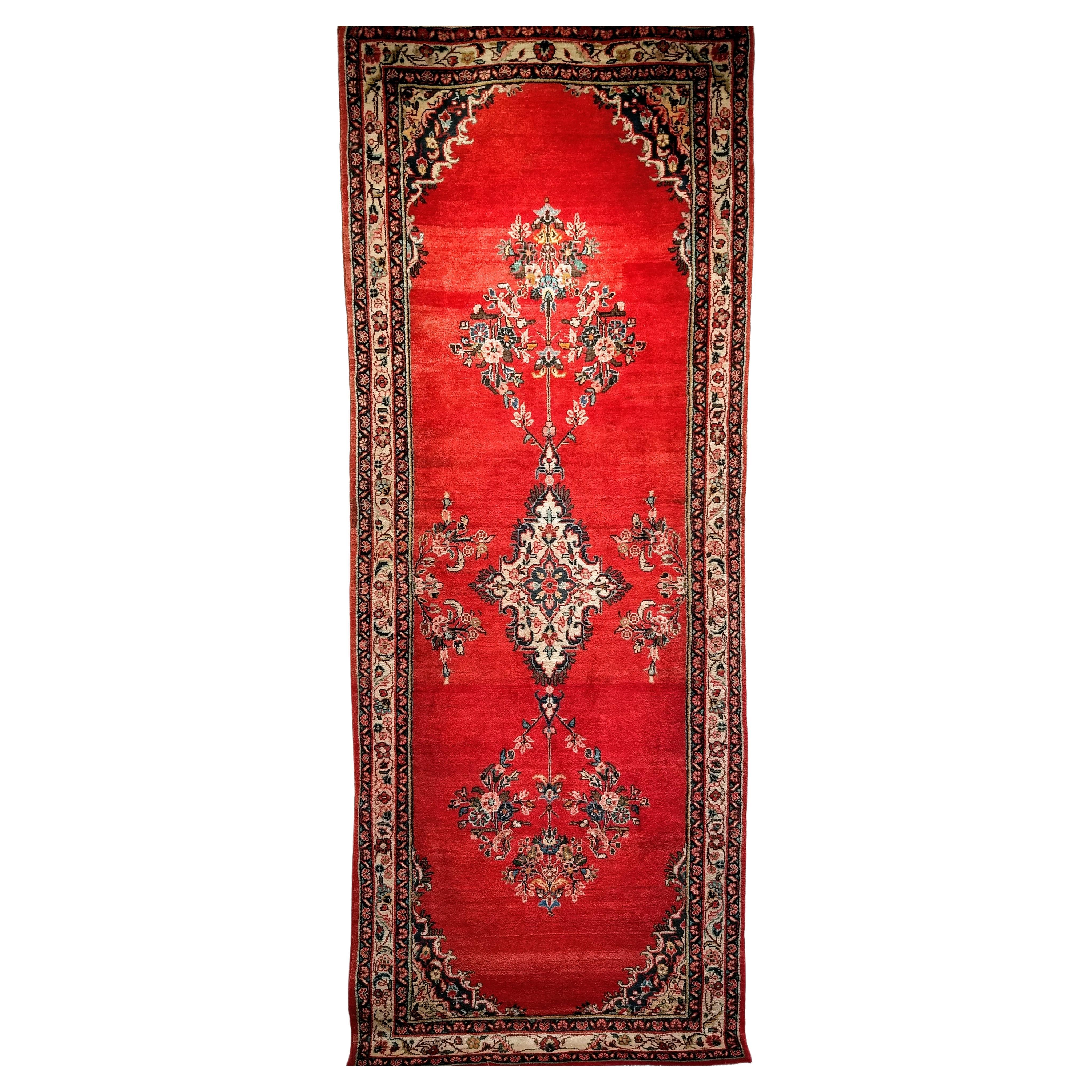 Vintage Persian Hamadan Wide Runner in Medallion Pattern in Red, Ivory, Green For Sale