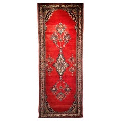 Vintage Persian Hamadan Wide Runner in Medallion Pattern in Red, Ivory, Green