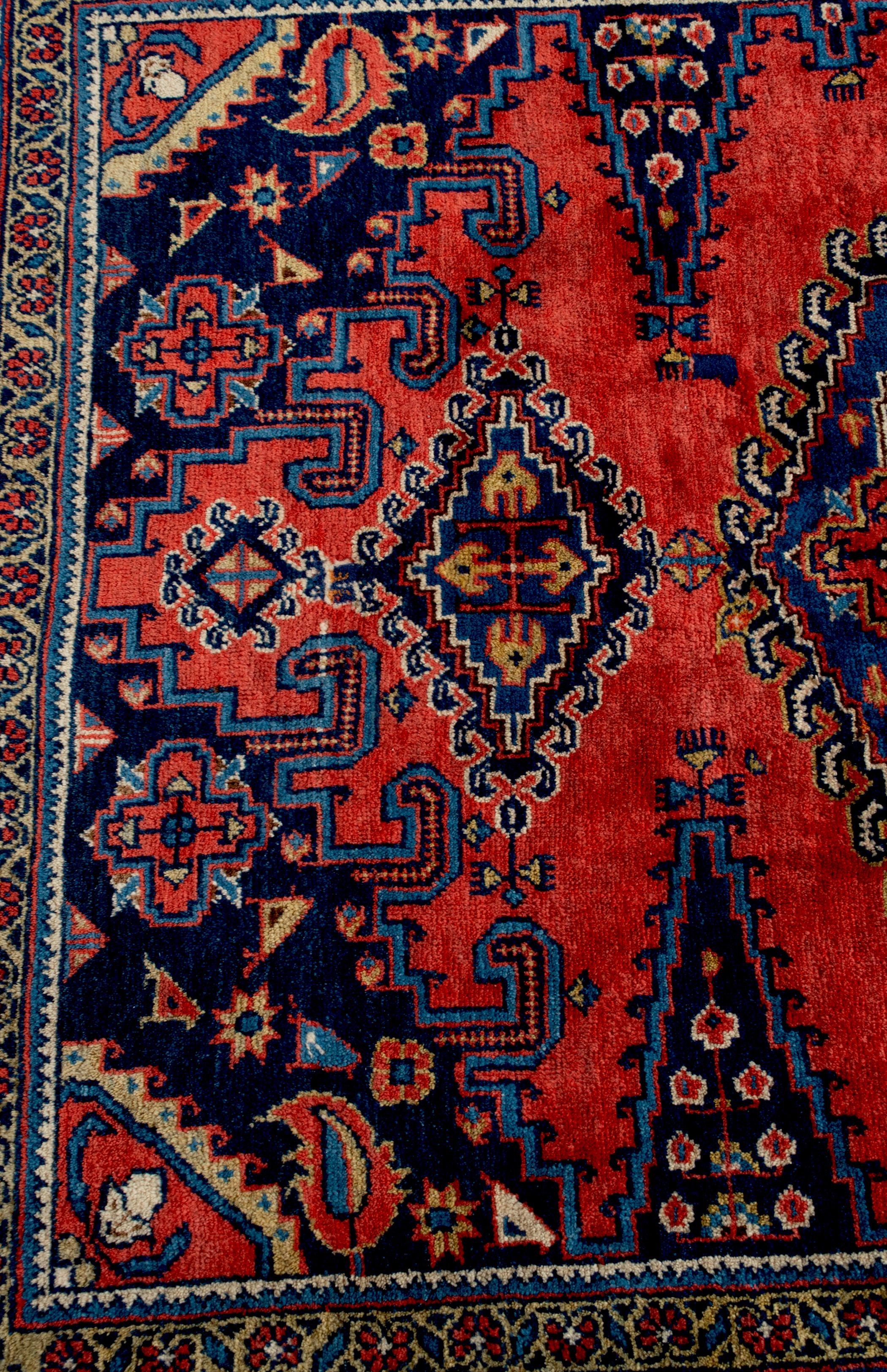 Wool Vintage Persian Hamadan Wiss Hand-Knotted Rug Geometric Central Medallion C.1950 For Sale