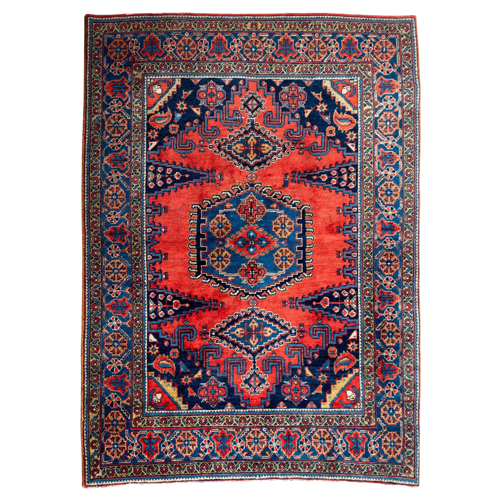 Persischer Hamadan Wiss handgeknüpfter Teppich mit geometrischem zentralem Medaillon, ca. 1950 im Angebot