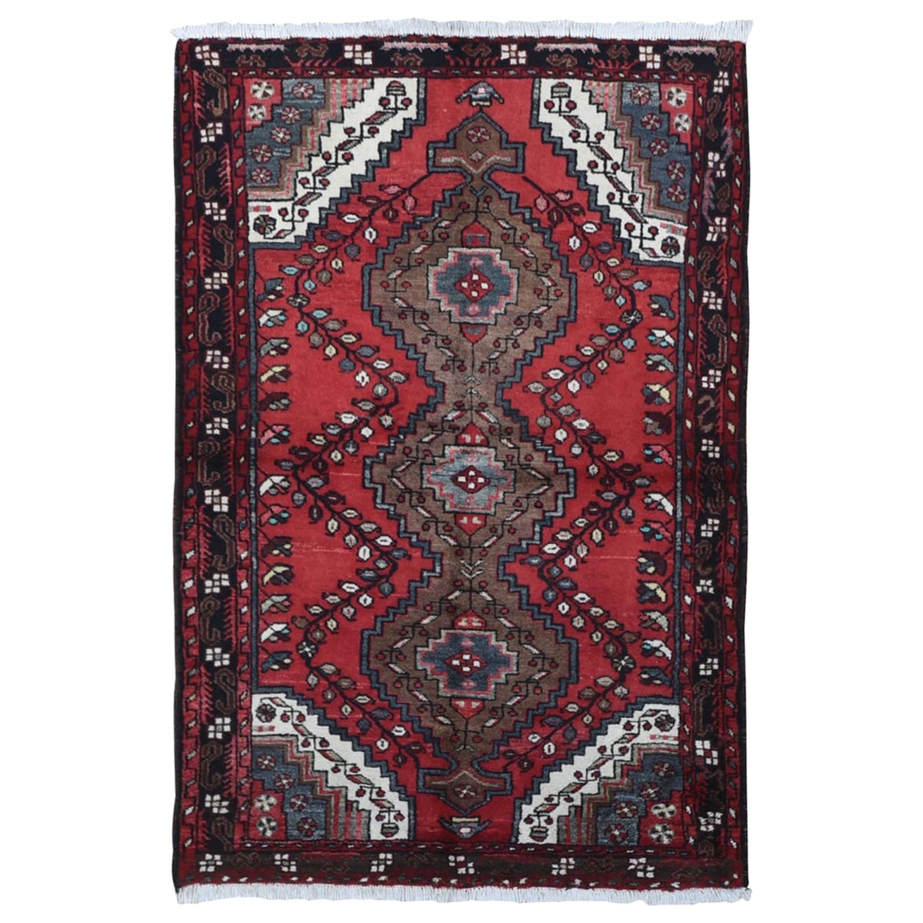 Vintage Persian Hamadan with Triple Medallion Design Pure Wool Hand Knotted Rug For Sale