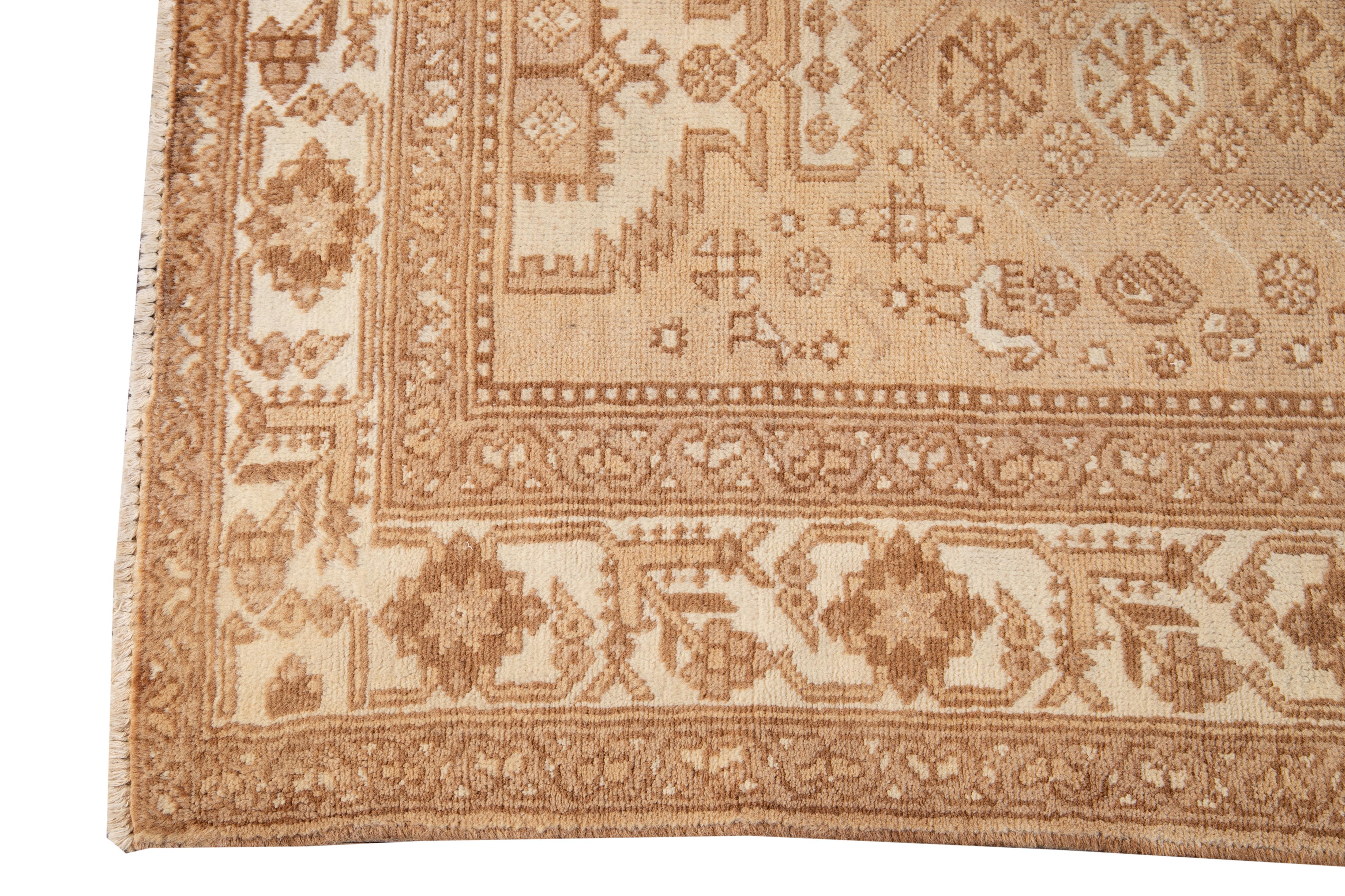 Islamic Vintage Persian Hamadan Wool Rug Handmade With Allover Design In Beige Tan Color For Sale