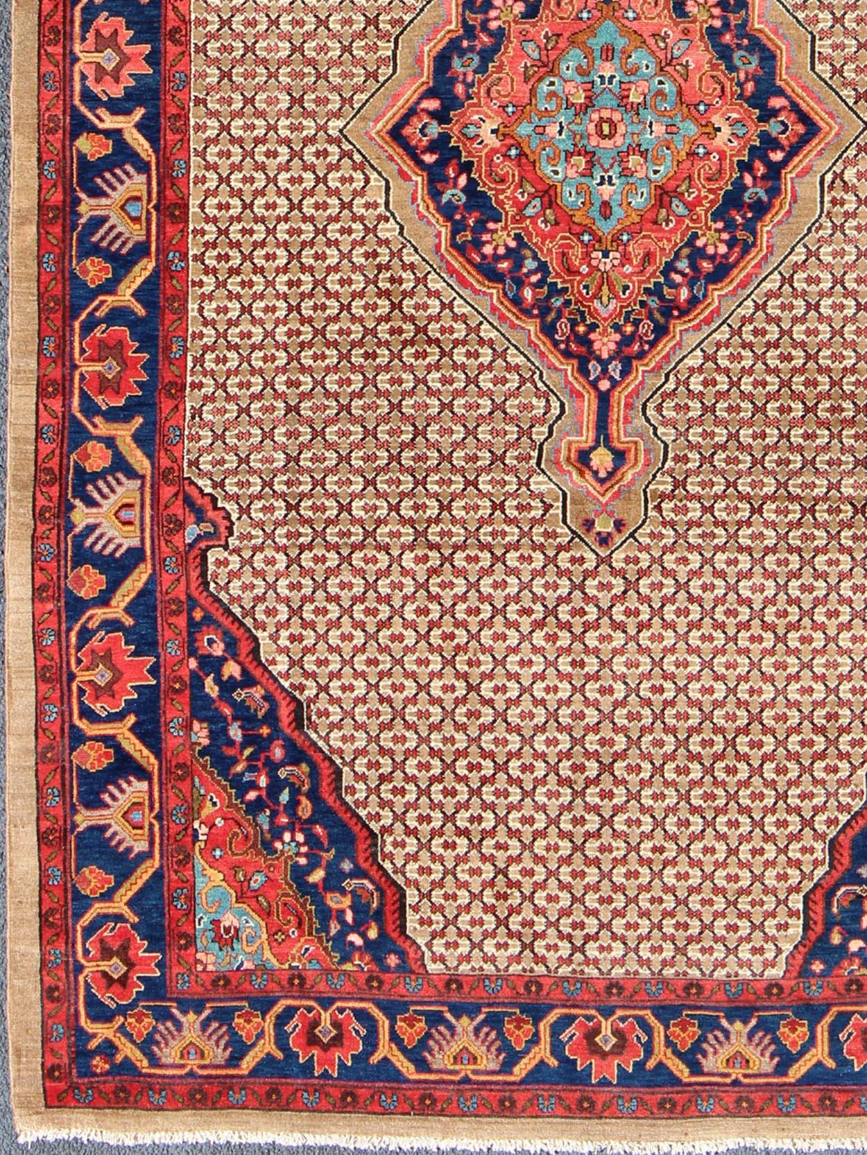 Blue, red and cream vintage Persian Hamedan rug with floral layered medallion Design, rug h-501-41, country of origin / type: Iran / Hamedan, circa 1950.

This magnificent Hamedan features beautiful coloration, including tones of light and navy