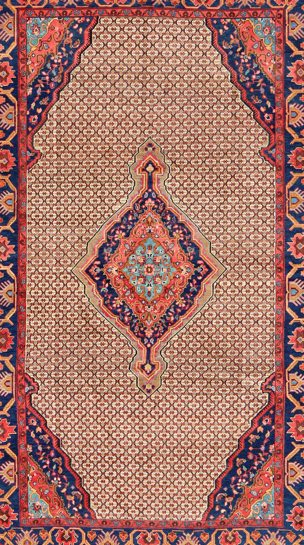 Malayer Vintage Persian Hamedan Rug with Layered Floral Medallion in Red, Blue, Cream