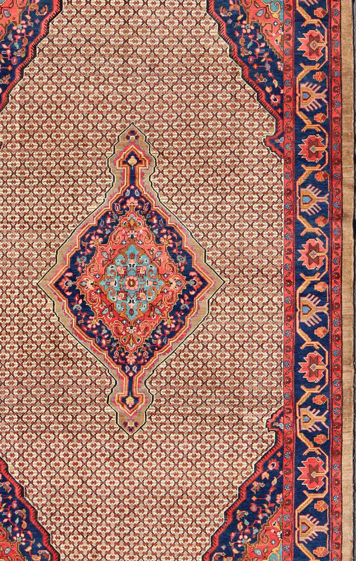 Hand-Knotted Vintage Persian Hamedan Rug with Layered Floral Medallion in Red, Blue, Cream