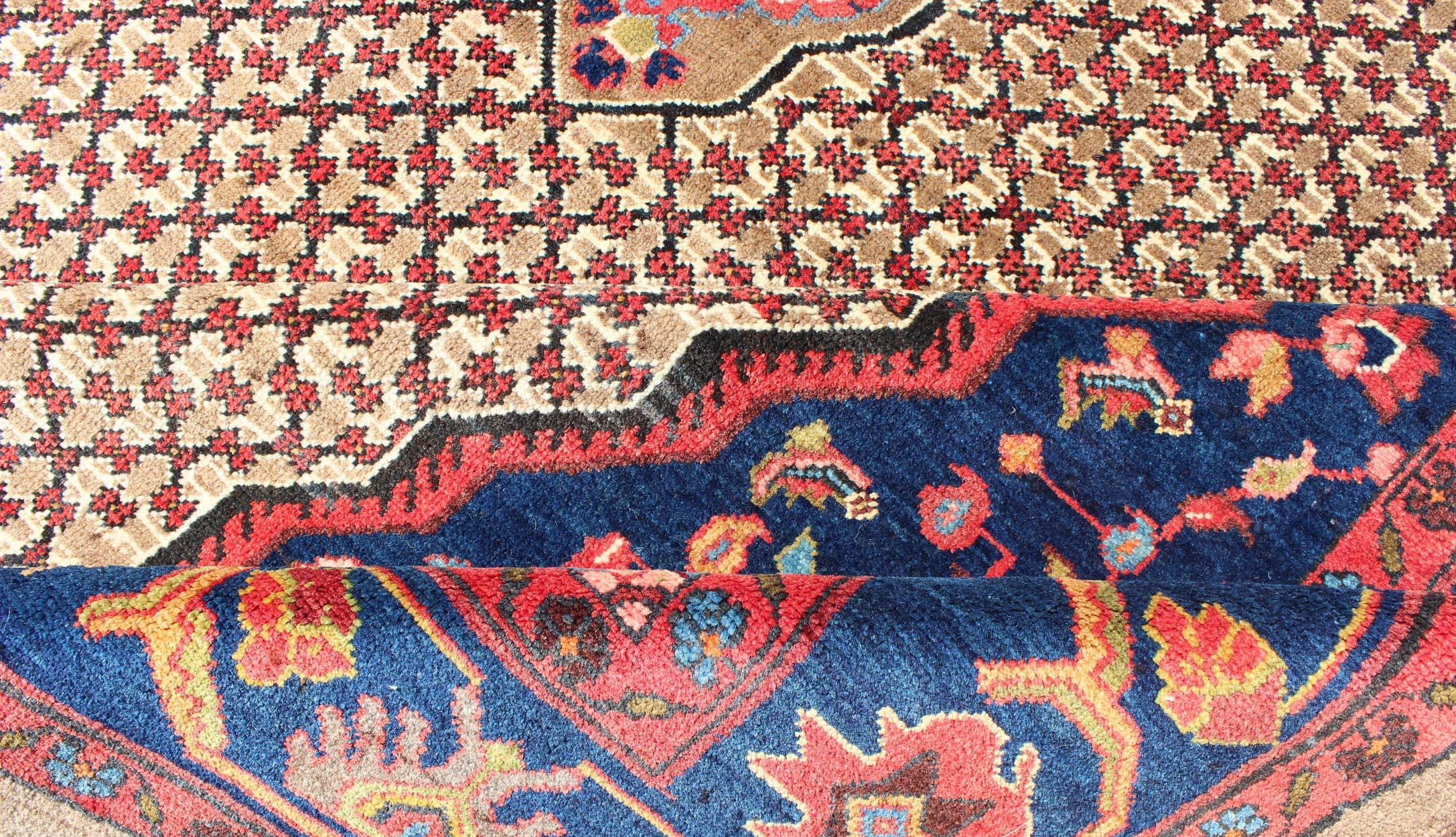 Vintage Persian Hamedan Rug with Layered Floral Medallion in Red, Blue, Cream In Excellent Condition In Atlanta, GA