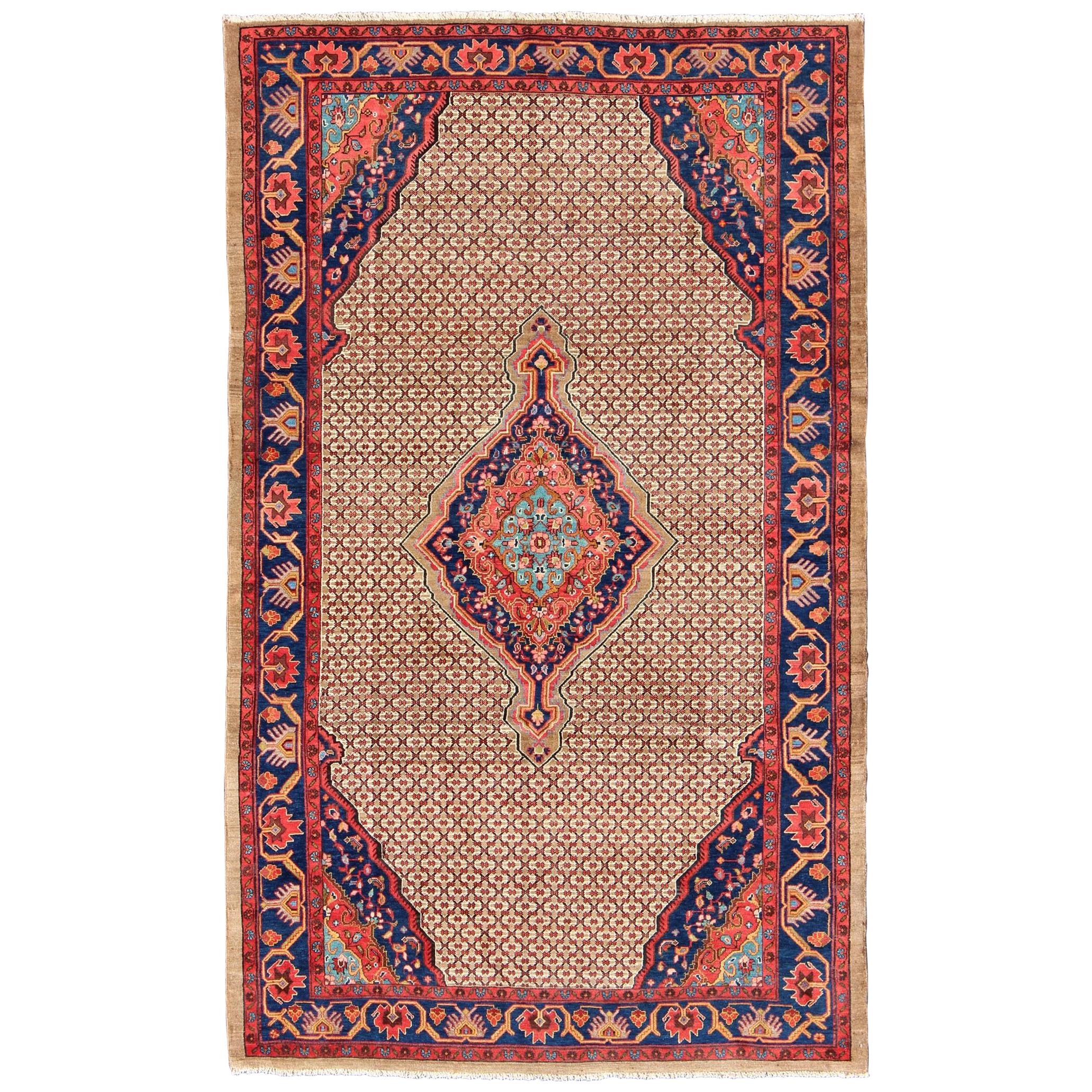 Vintage Persian Hamedan Rug with Layered Floral Medallion in Red, Blue, Cream