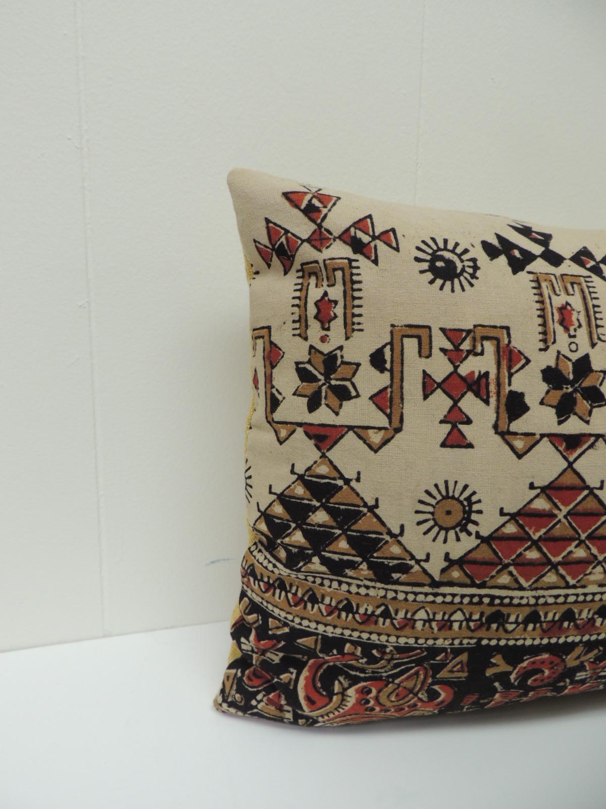 Vintage Persian hand-blocked Kalamkari artisanal textile throw pillows with a pattern that is a floral and stripes with geometrical accents on the vintage Persian decorative pillow. Throw lumbar pillow in shades of red, black, camel, brown and