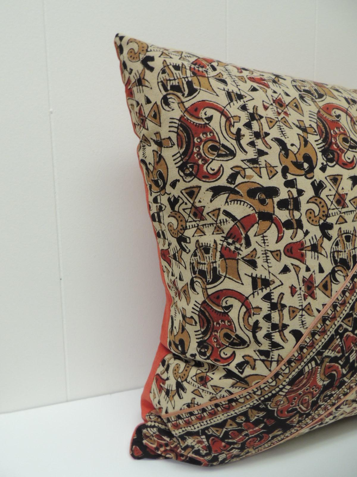 Vintage Persian hand-blocked artisanal Kalamkari textile in the front of the square throw pillow with diagonal stripe to create a mirrored image. Decorative textile pattern is floral with stripes and with geometrical accents on the vintage throw
