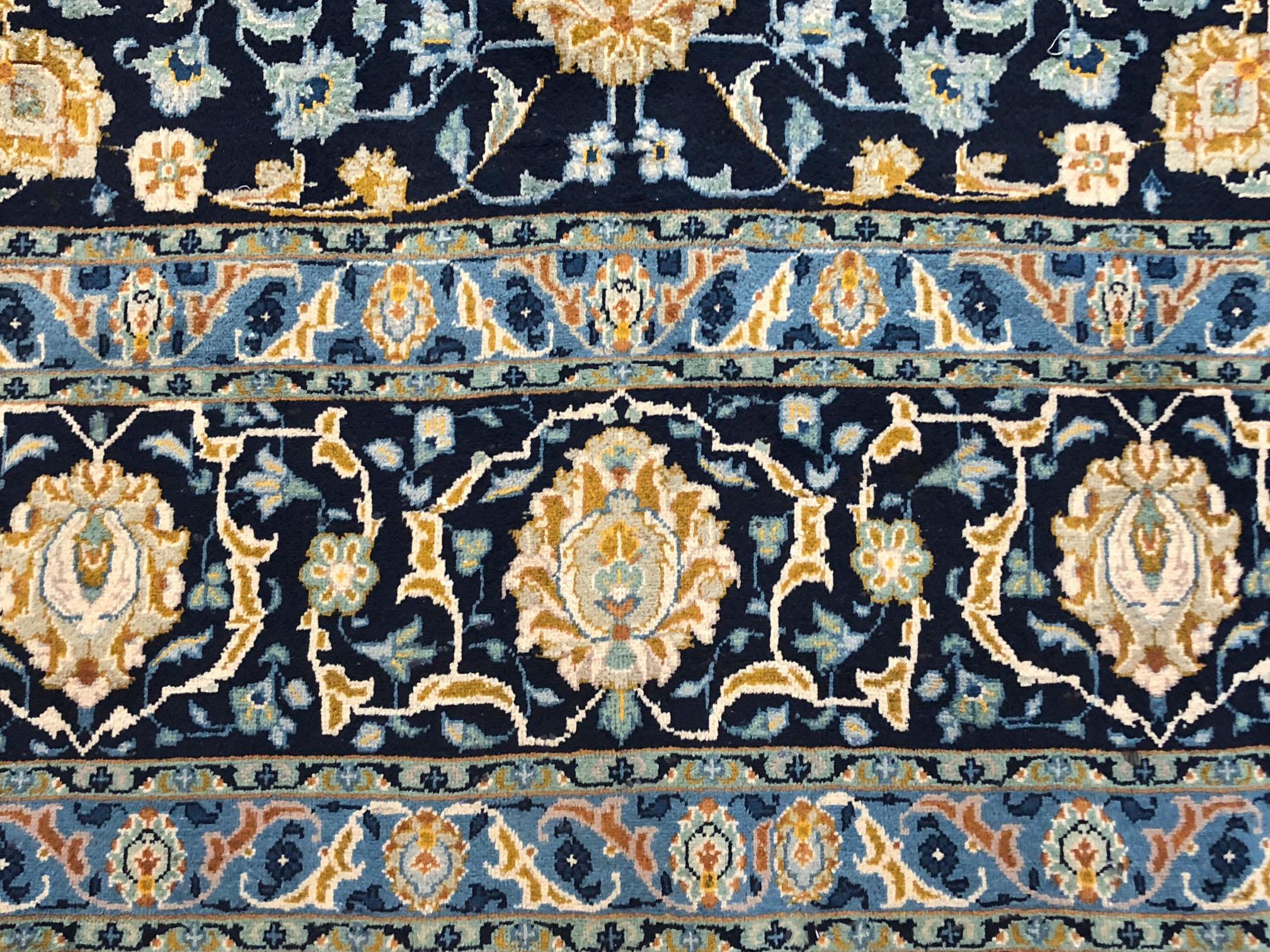 Hand-Knotted Vintage Persian Hand Knotted All over Floral Blue Kashan Rug