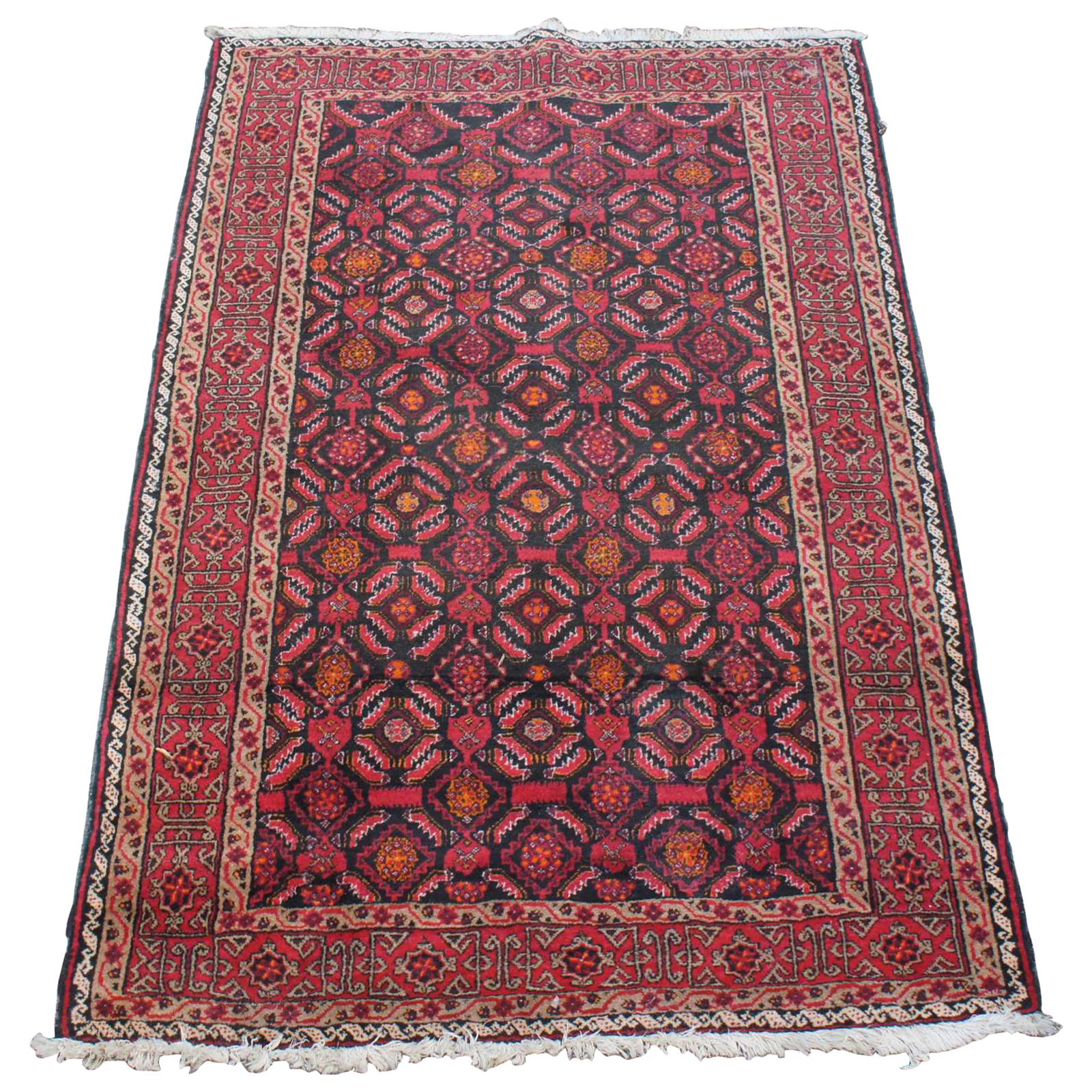 Vintage Hand Knotted Persian Wool Kashmar Prayer Rug Mat Red Orange