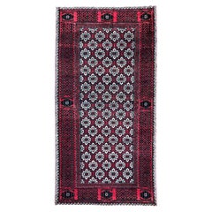 Vintage Persian Hand Knotted Geometric All-Over Red Black Baluchi Rug circa 1960
