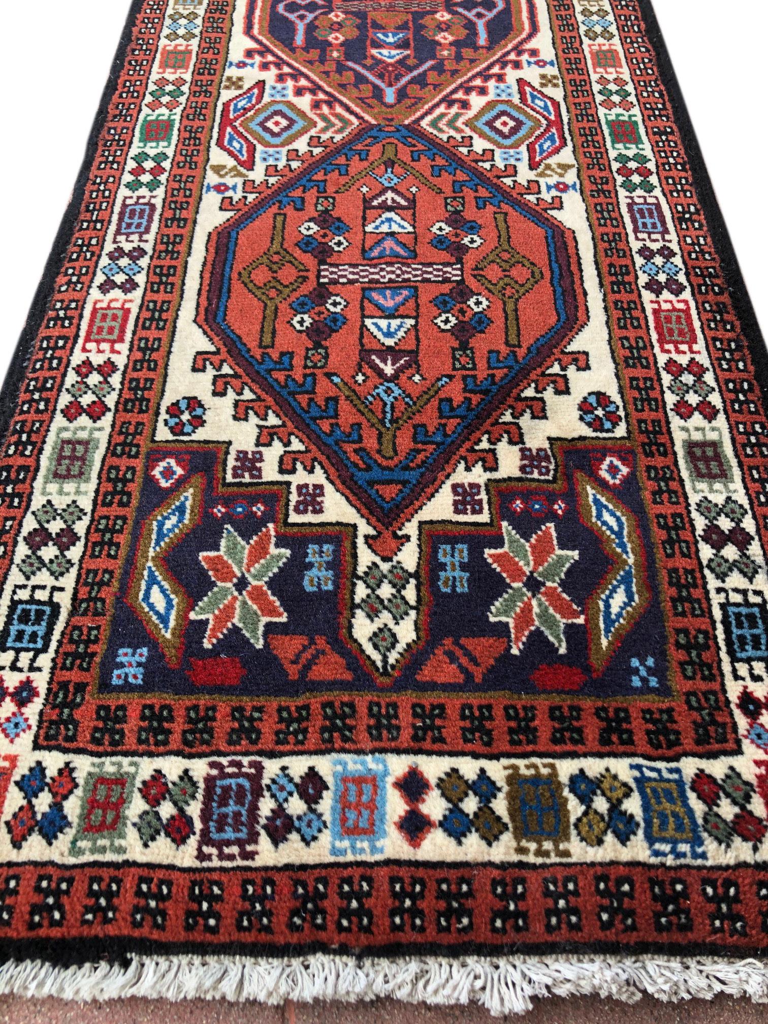 Wool Vintage Persian Hand Knotted Geometric Ardabil Runner Rug