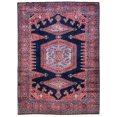 Vintage Persian Hand Knotted Geometric Medallion Blue Viss Rug, circa 1960