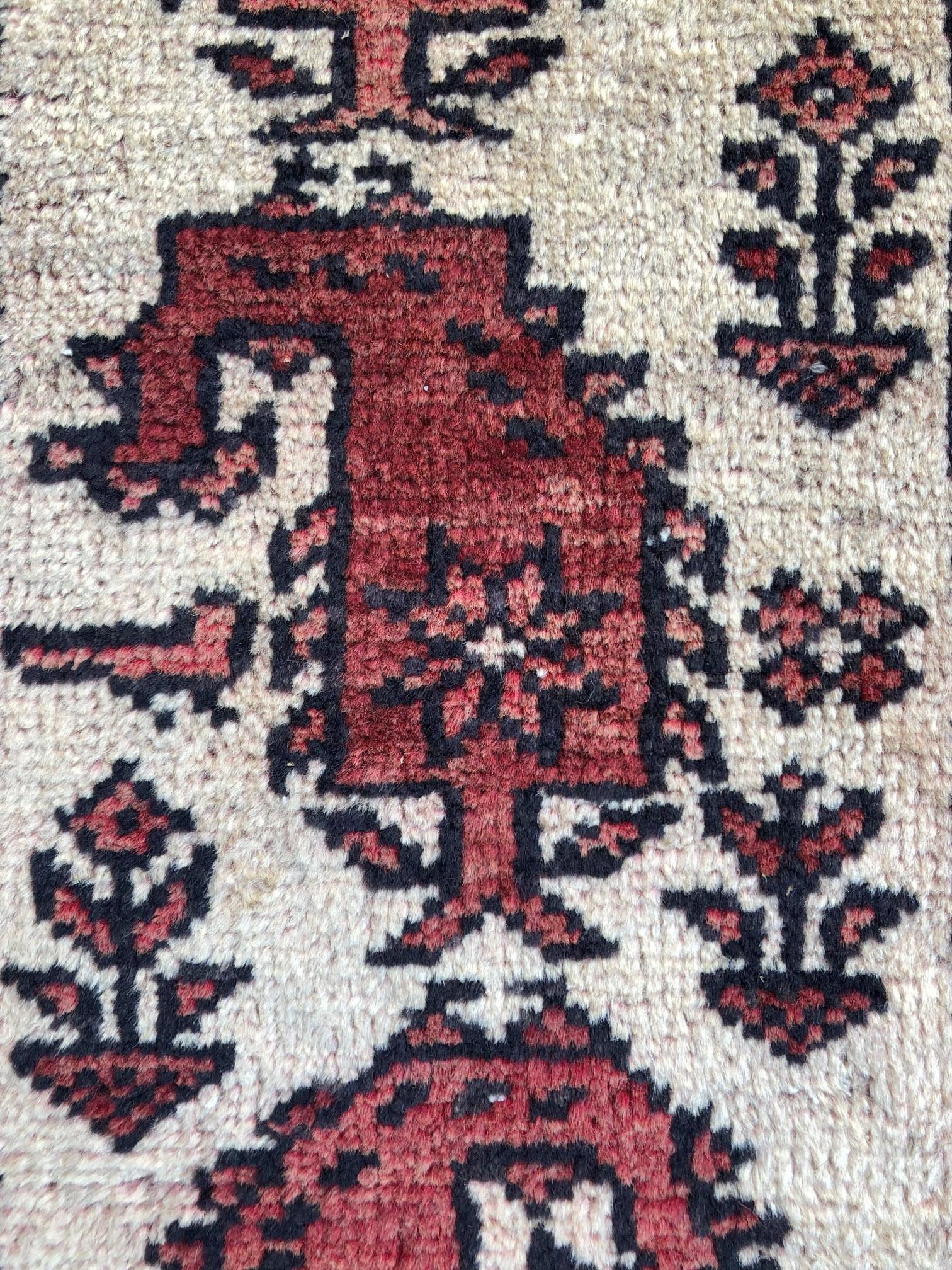 Hand-Knotted Vintage Persian Hand Knotted Geometric Paisley Cream Salmon Baluchi Rug Ci For Sale