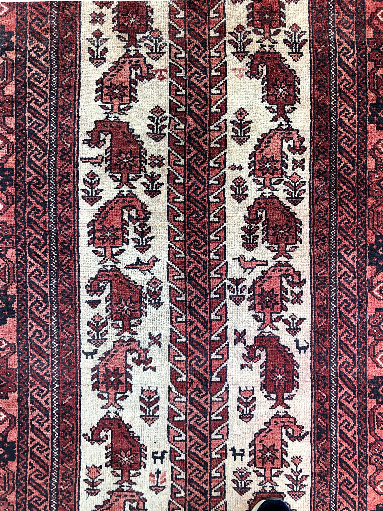 Mid-20th Century Vintage Persian Hand Knotted Geometric Paisley Cream Salmon Baluchi Rug Ci For Sale