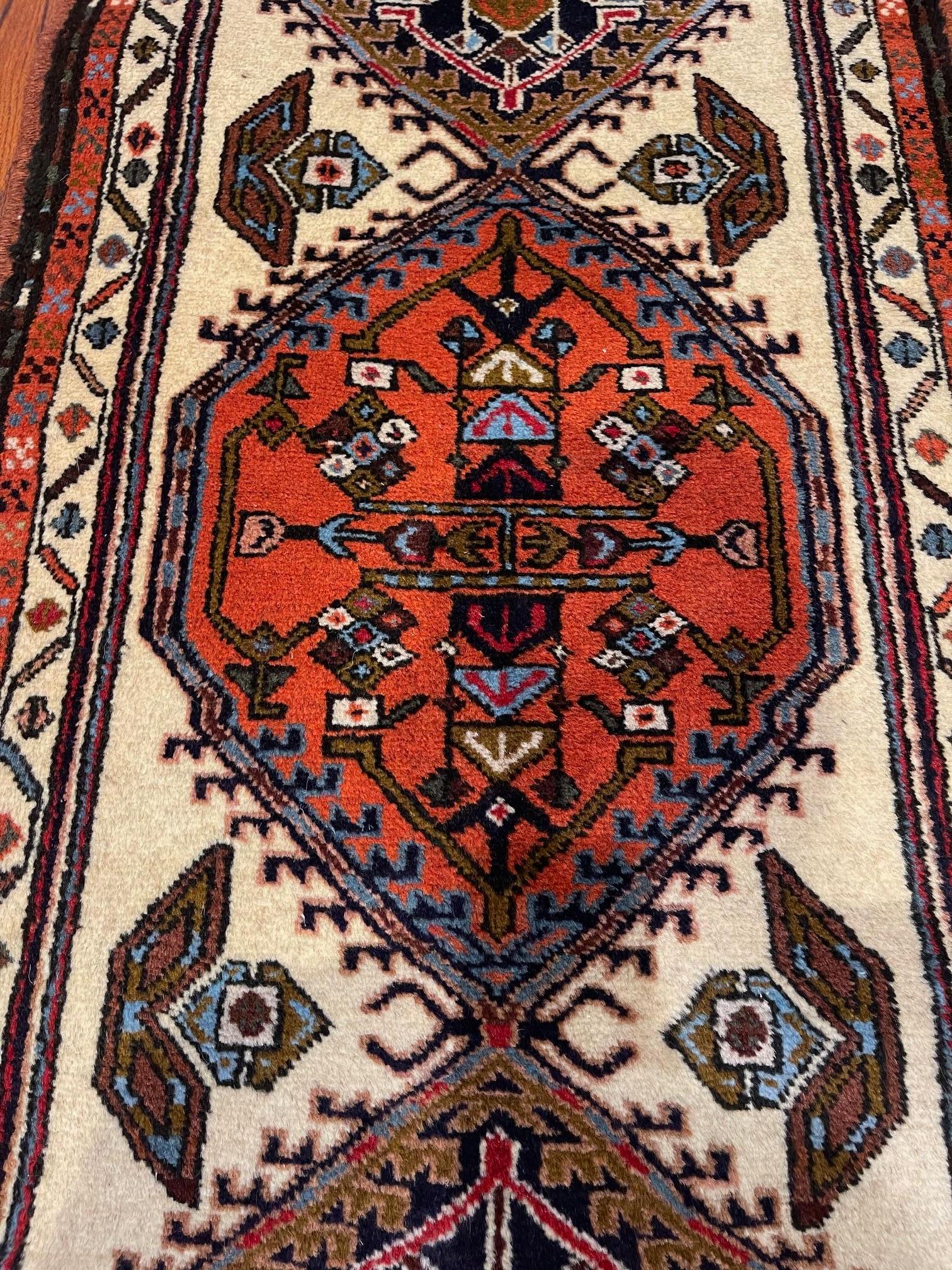 Tribal Vintage Persian Hand Knotted Geometric Repeated Medallion Ardabil Runner Rug 196 For Sale