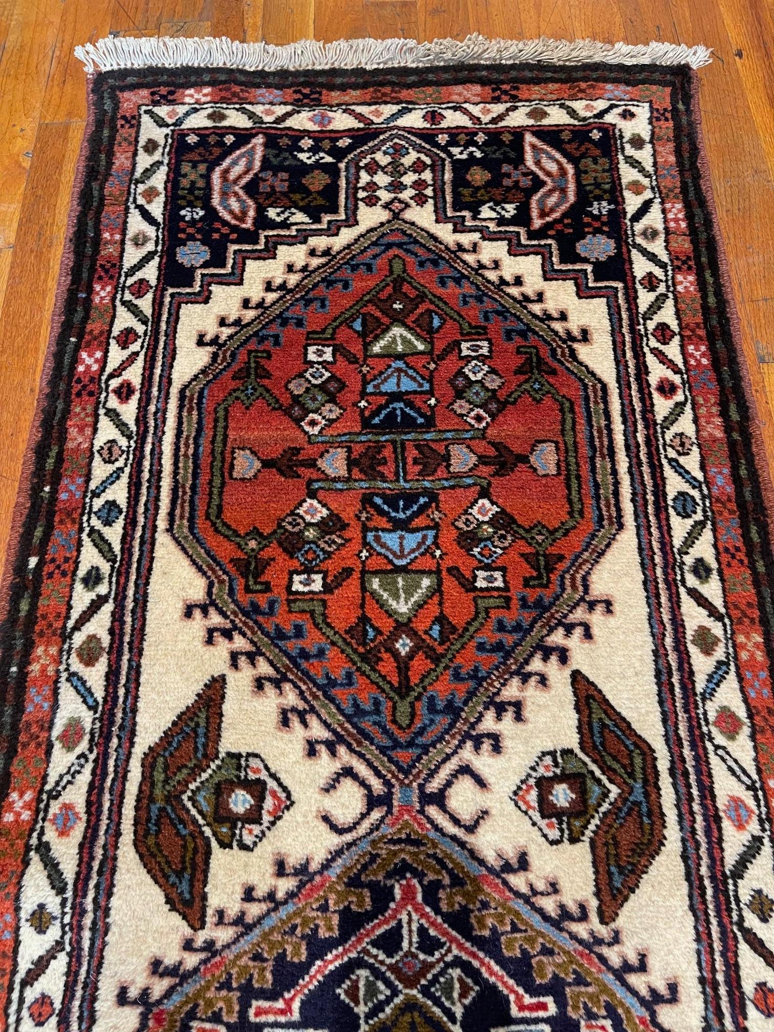 Hand-Knotted Vintage Persian Hand Knotted Geometric Repeated Medallion Ardabil Runner Rug 196 For Sale