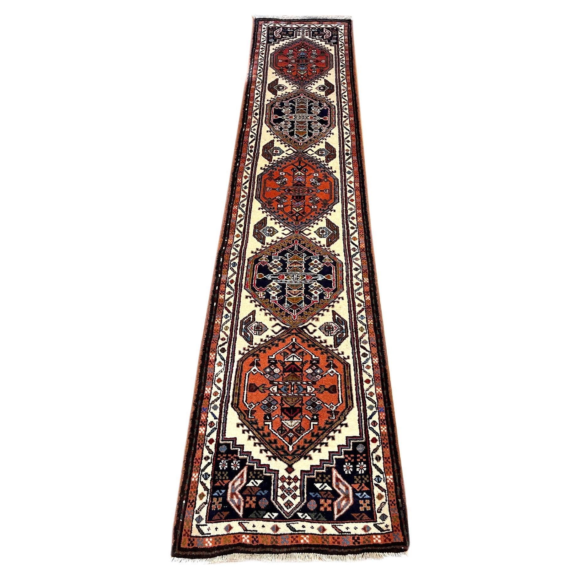 Vintage Persian Hand Knotted Geometric Repeated Medallion Ardabil Runner Rug 196 For Sale