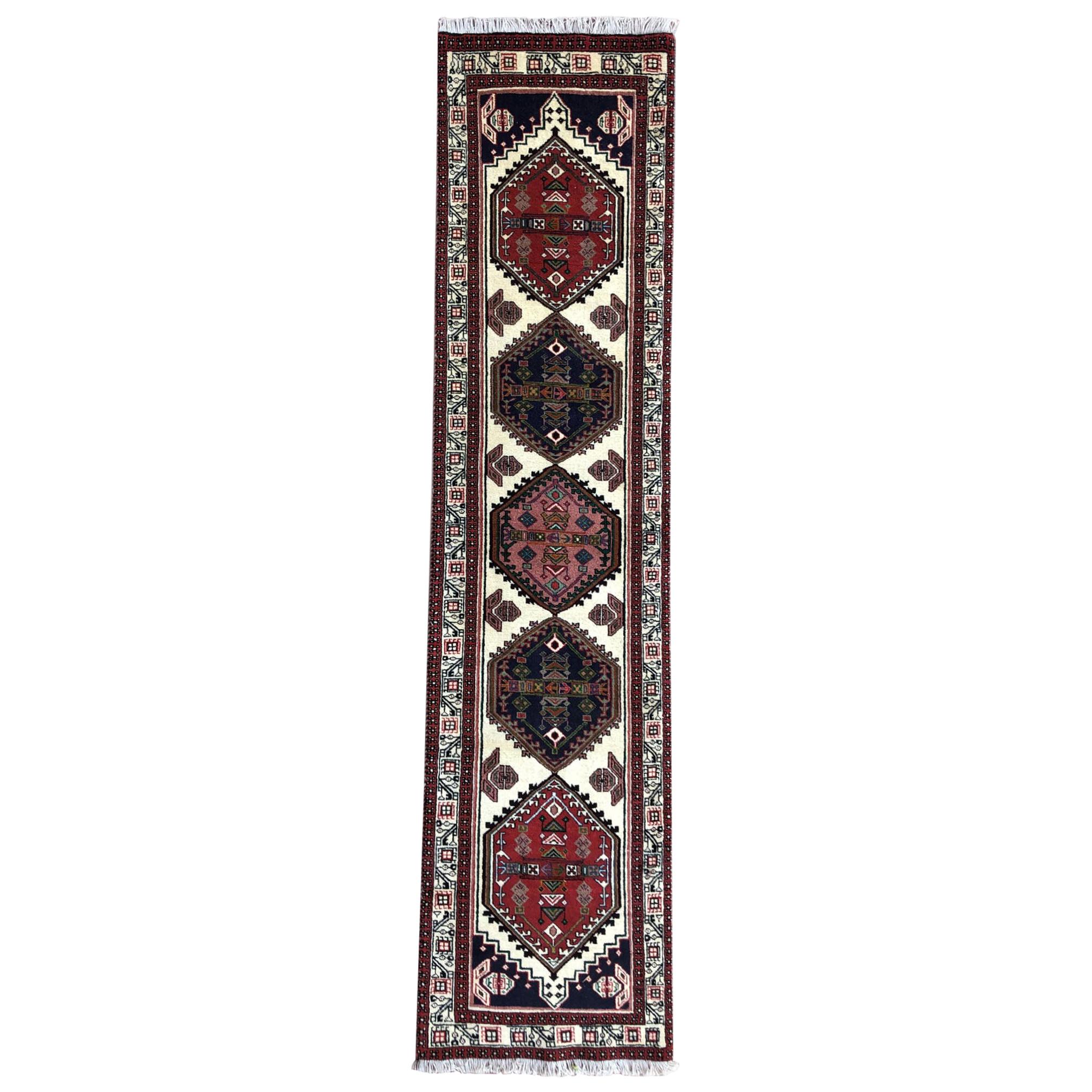 Vintage Persian Hand Knotted Geometric Repeated Medallion Ardabil Runner Rug