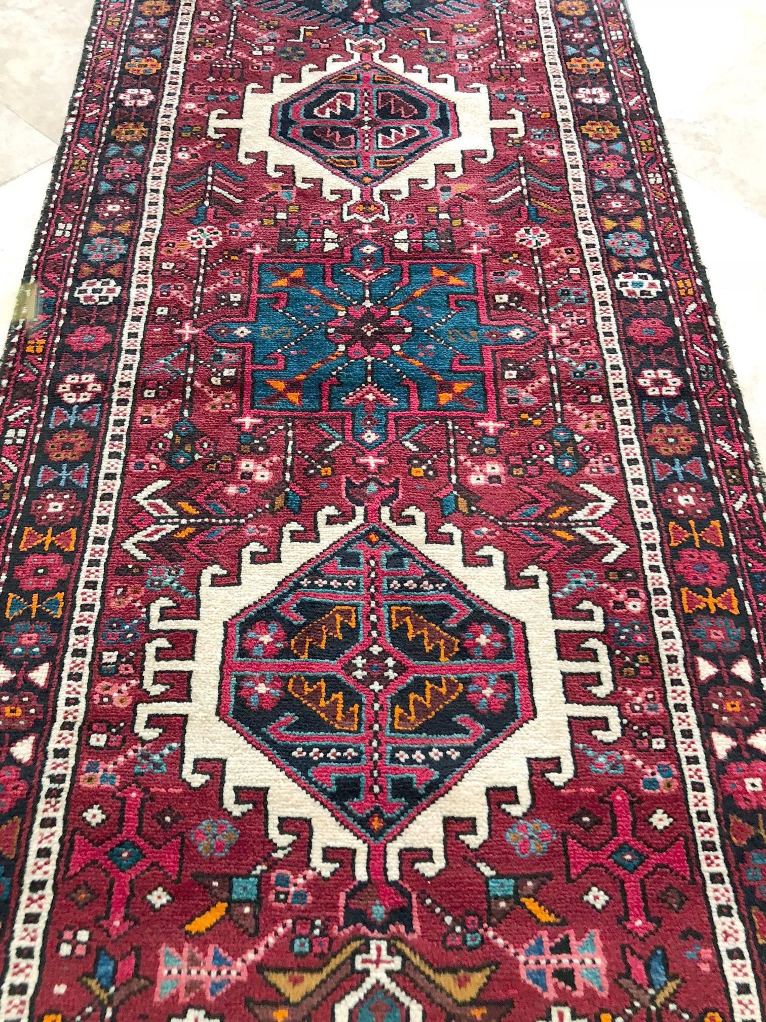 Vintage Persian Hand-Knotted Karajeh Tribal 1960 Runner In Good Condition In San Diego, CA