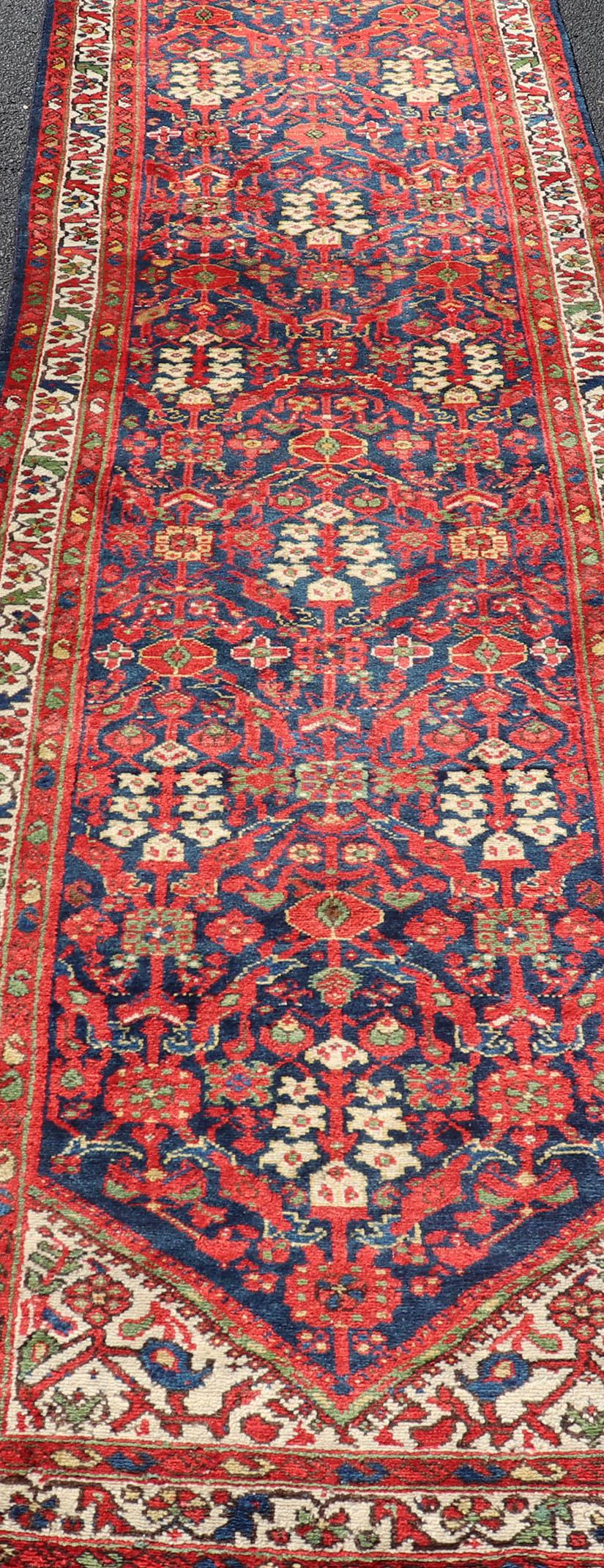 Wool Antique Persian Hand Knotted Malayer Runner with Sub-Geometric All-Over Design For Sale