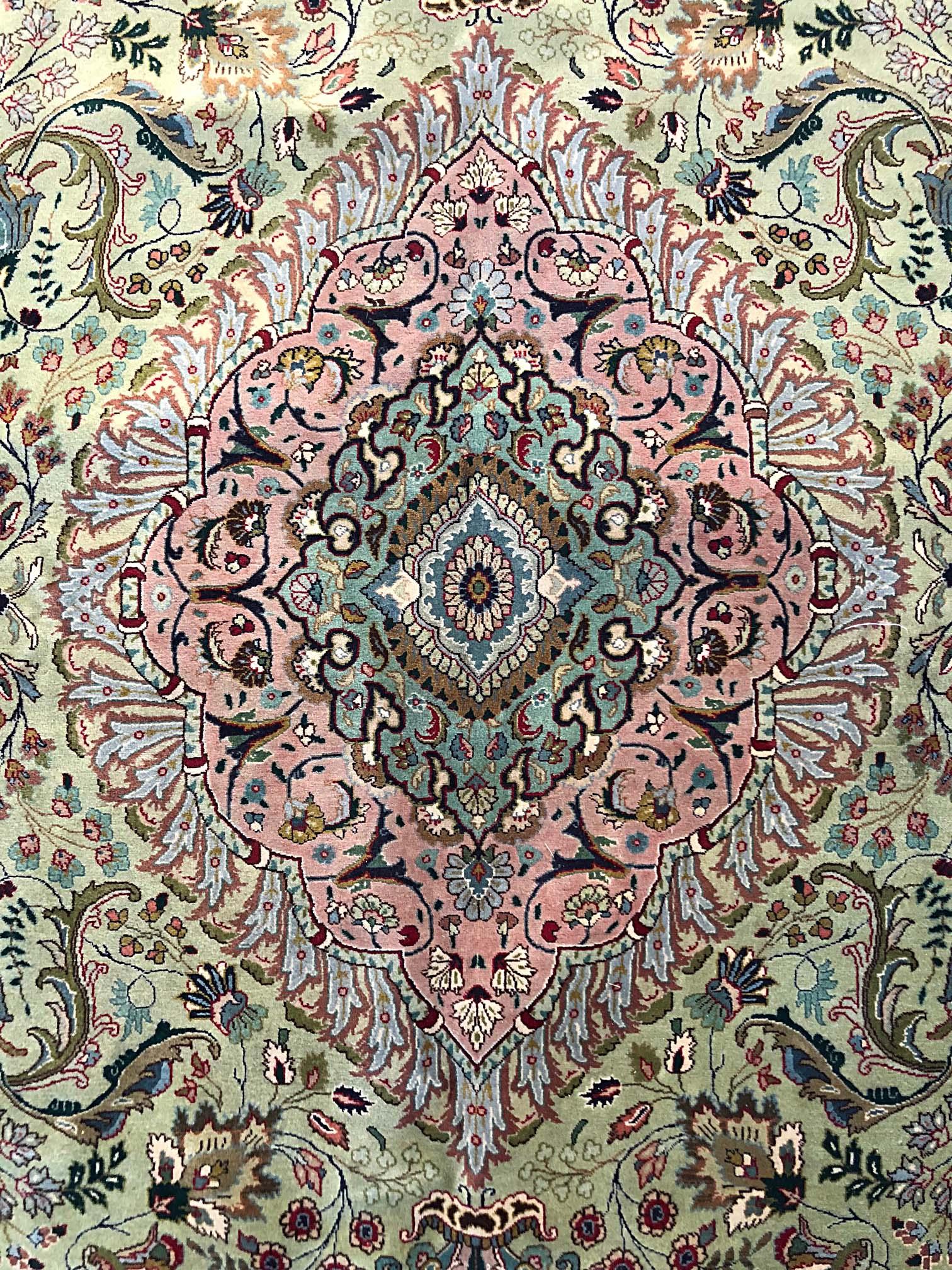 Hand-Knotted Vintage Persian Hand Knotted Medallion Floral Green Tabriz Rug, Late 1960