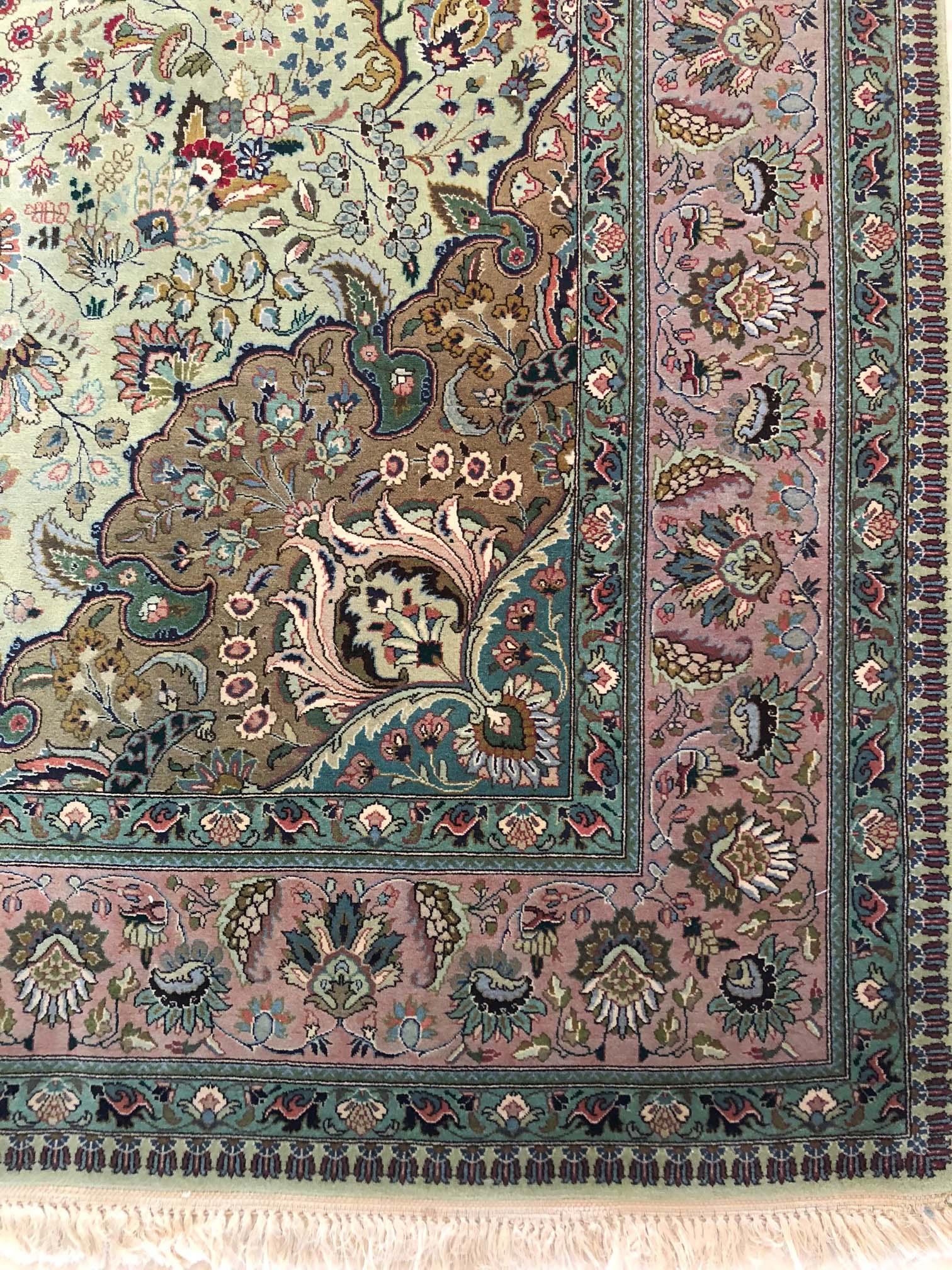 Vintage Persian Hand Knotted Medallion Floral Green Tabriz Rug, Late 1960 In Good Condition In San Diego, CA