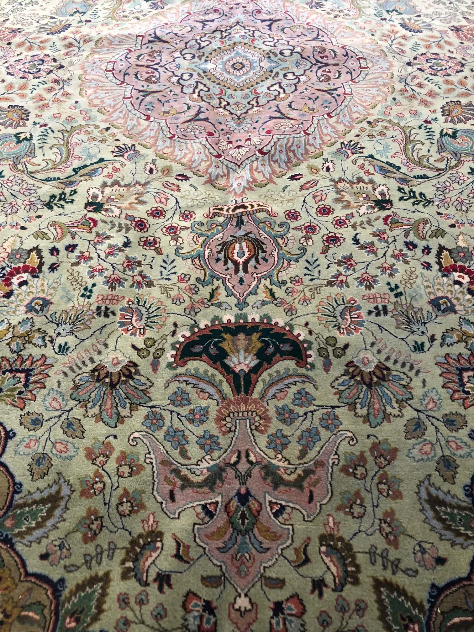 Cotton Vintage Persian Hand Knotted Medallion Floral Green Tabriz Rug, Late 1960